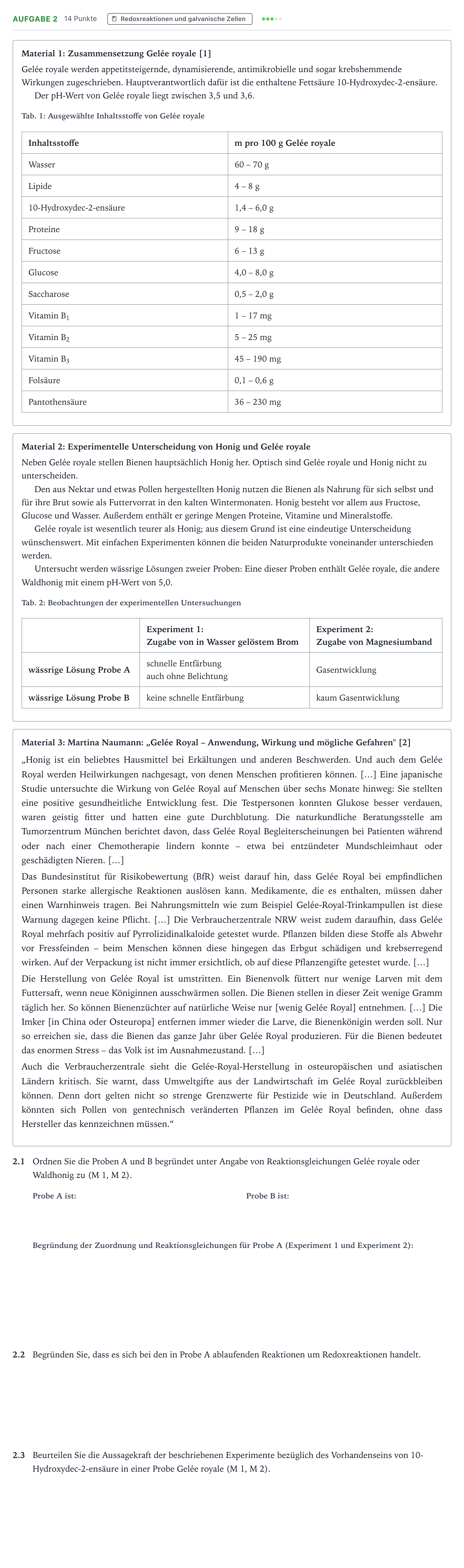 Aufgabenstellung: Aufgabe 2 · Abitur NRW Chemie GK · Gelée royale 2025