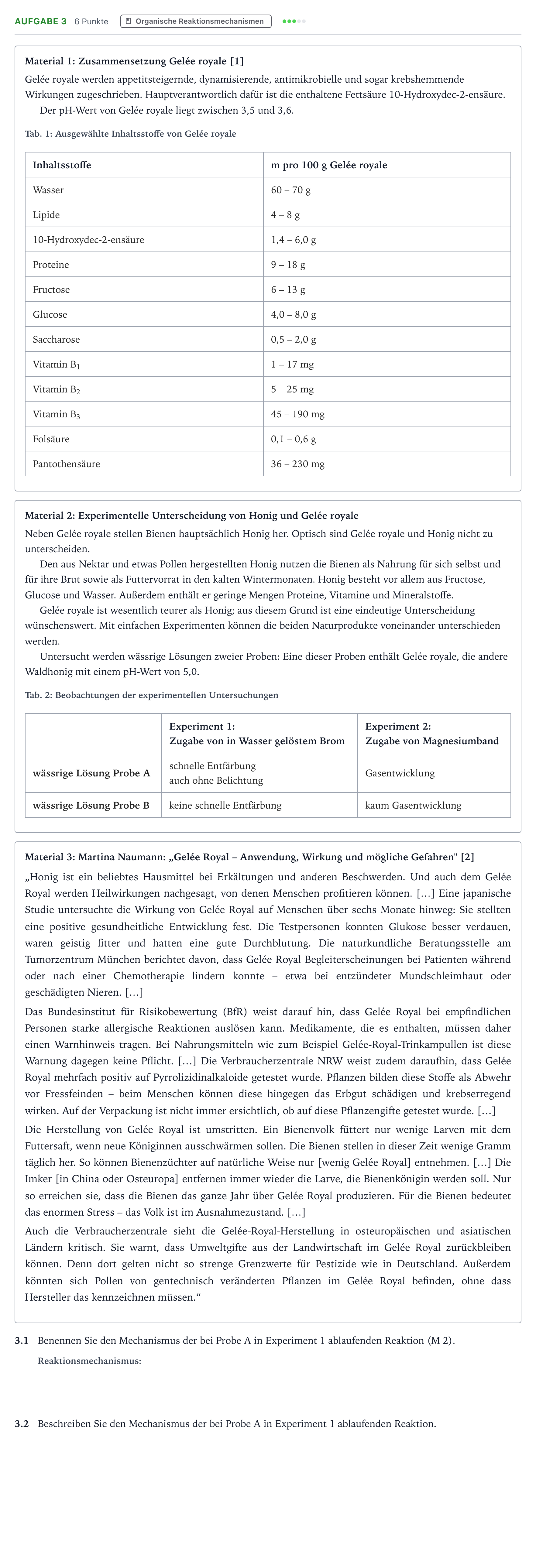 Aufgabenstellung: Aufgabe 3 · Abitur NRW Chemie GK · Gelée royale 2025