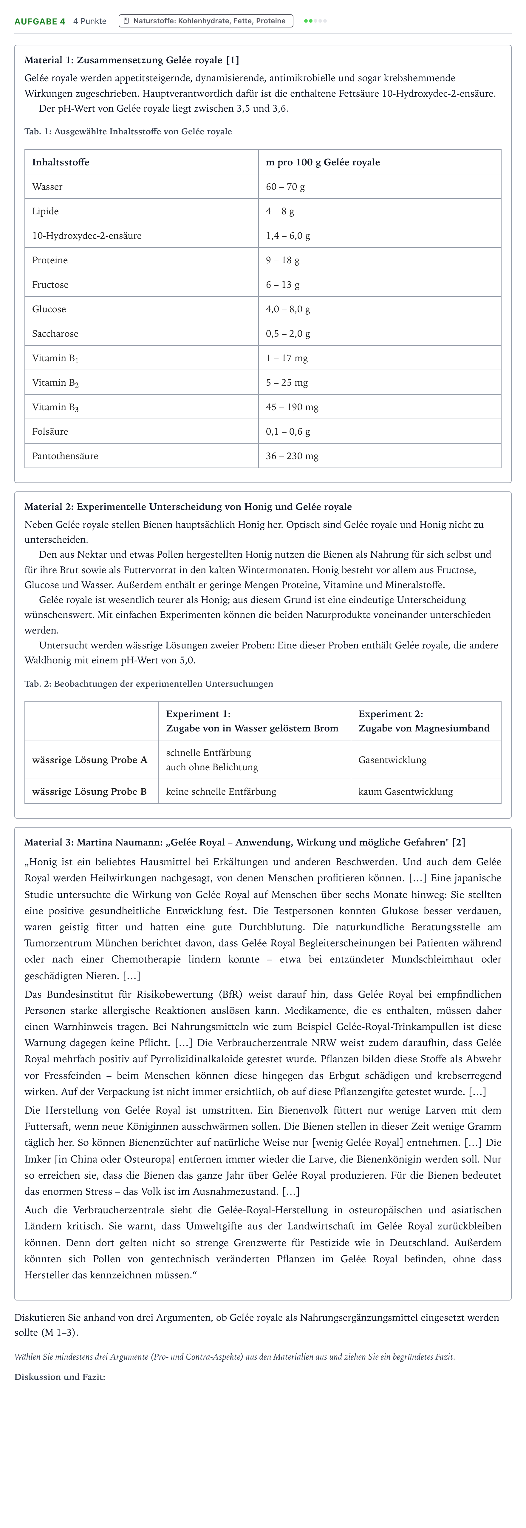 Aufgabenstellung: Aufgabe 4 · Abitur NRW Chemie GK · Gelée royale 2025