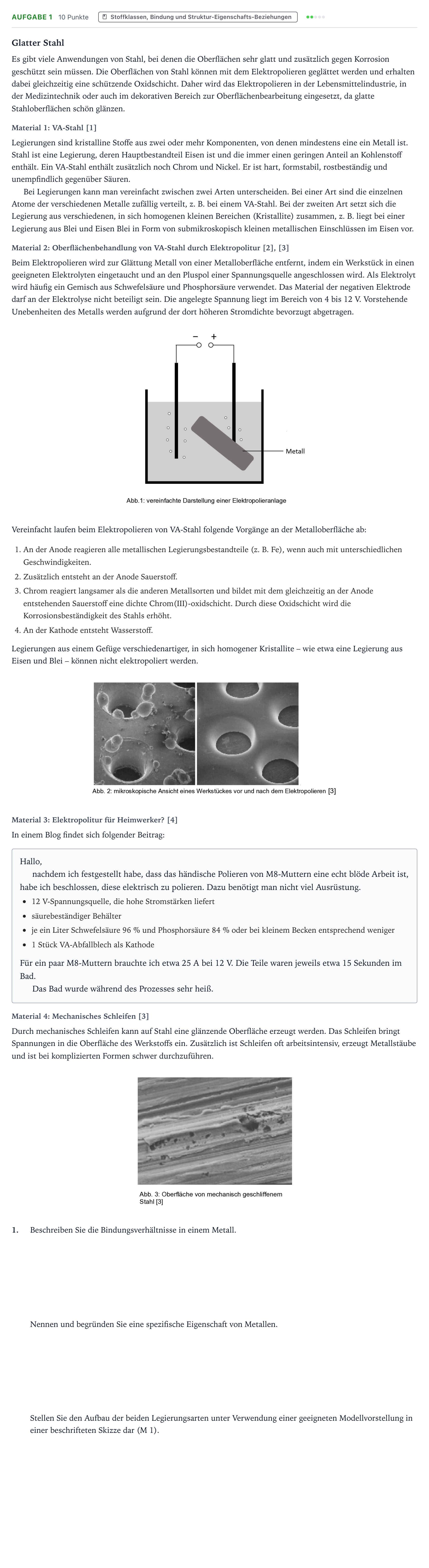 Aufgabenstellung: Aufgabe 1 · Abitur NRW Chemie GK · Glatter Stahl 2026