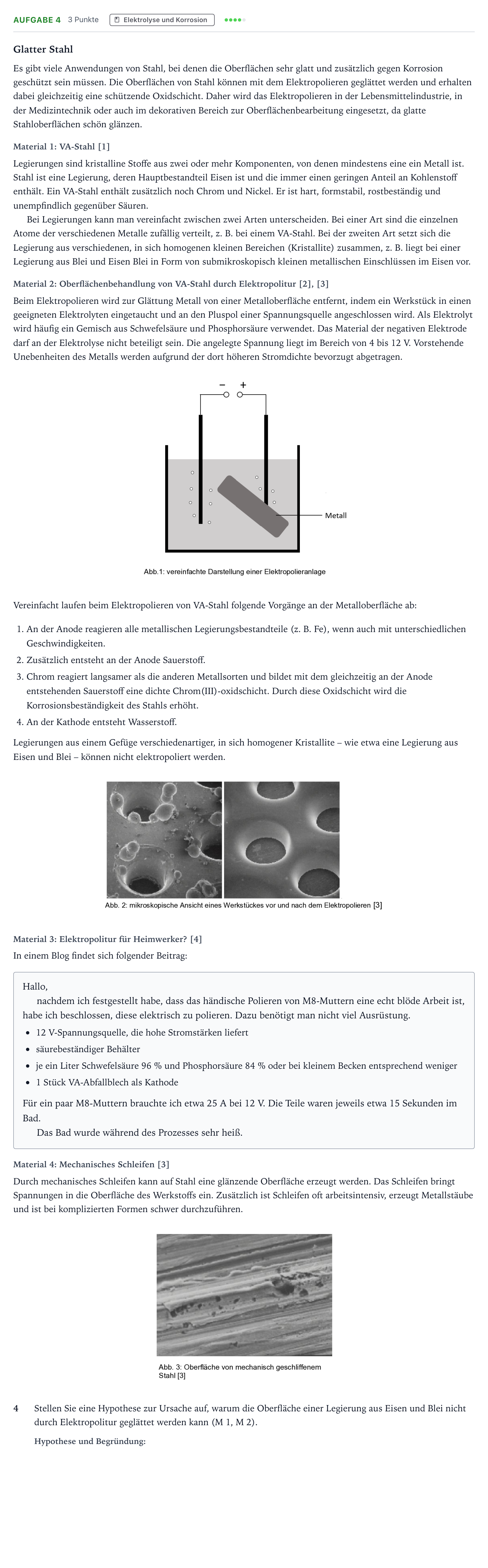 Aufgabenstellung: Aufgabe 4 · Abitur NRW Chemie GK · Glatter Stahl 2026