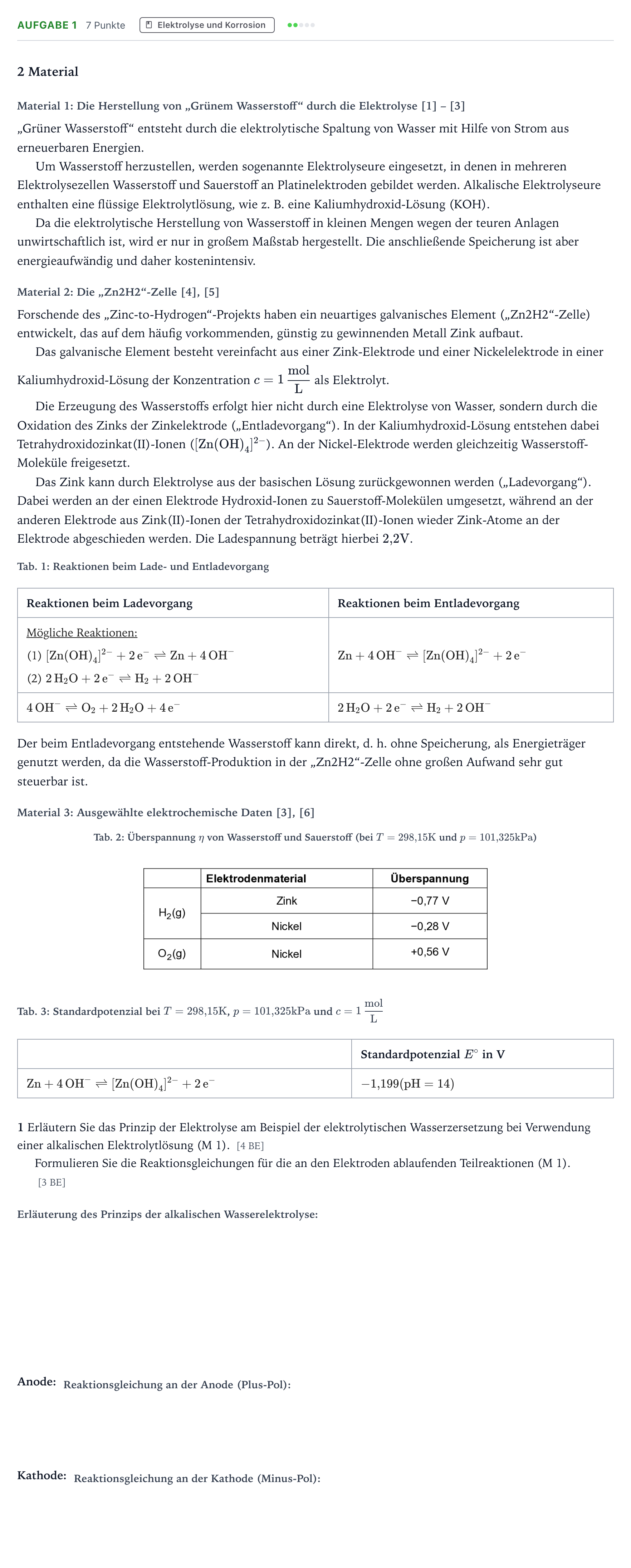 Aufgabenstellung: Aufgabe 1 · Abitur NRW Chemie LK · „Grüner Wasserstoff“ als Energieträ 2026