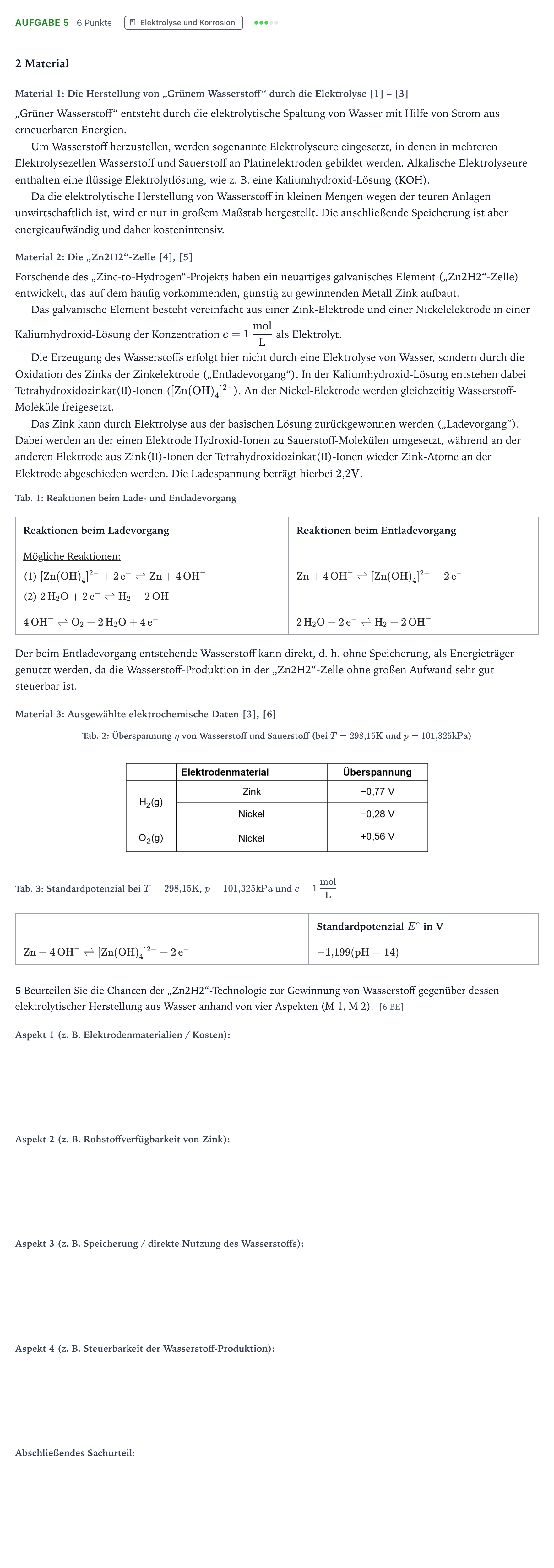 Aufgabenstellung: Aufgabe 5 · Abitur NRW Chemie LK · „Grüner Wasserstoff“ als Energieträ 2026