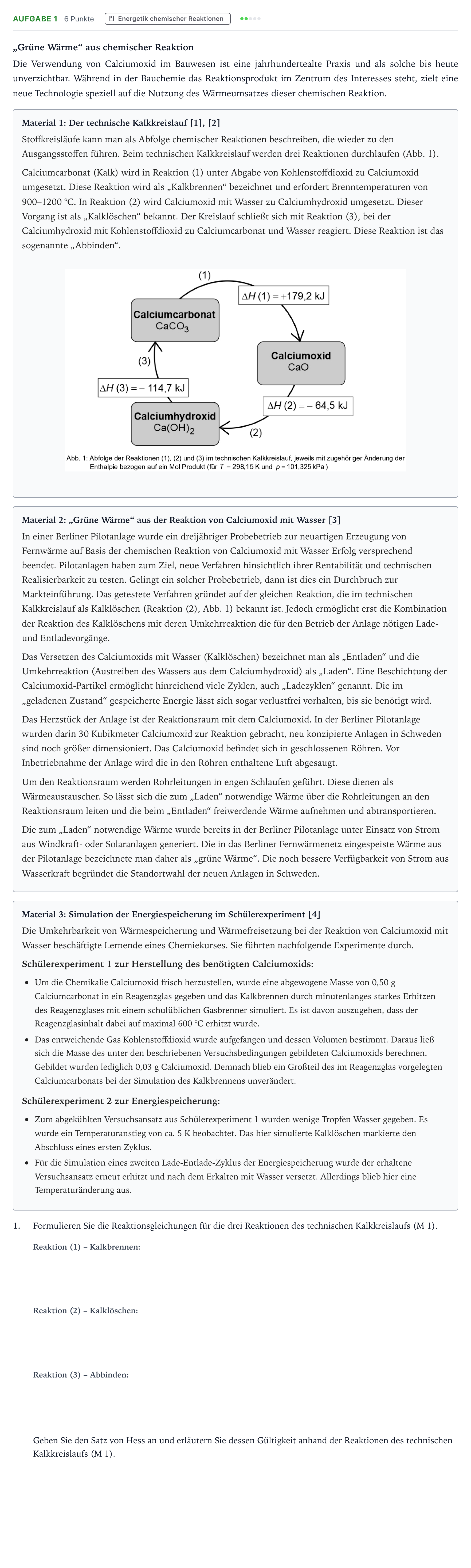 Aufgabenstellung: Aufgabe 1 · Abitur NRW Chemie GK · „Grüne Wärme“ aus chemischer Reakti 2026