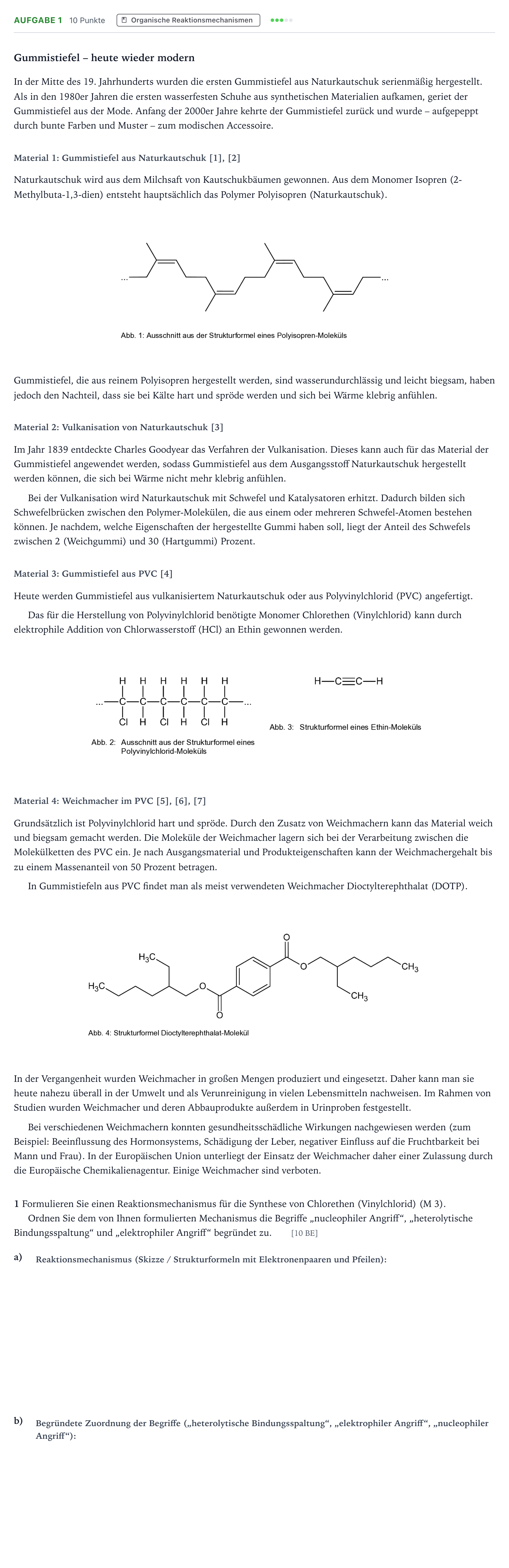Aufgabenstellung: Aufgabe 1 - Organische Reaktionsmechanismen · Abitur NRW Chemie GK · Gummistiefel – heute wieder modern 2026