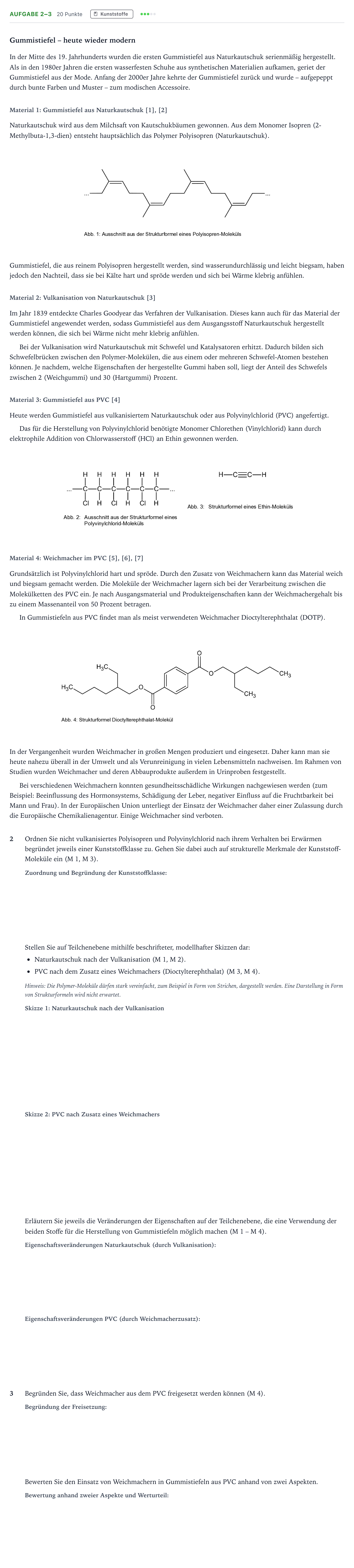 Aufgabenstellung: Aufgabe 2–3 - Kunststoffe · Abitur NRW Chemie GK · Gummistiefel – heute wieder modern 2026