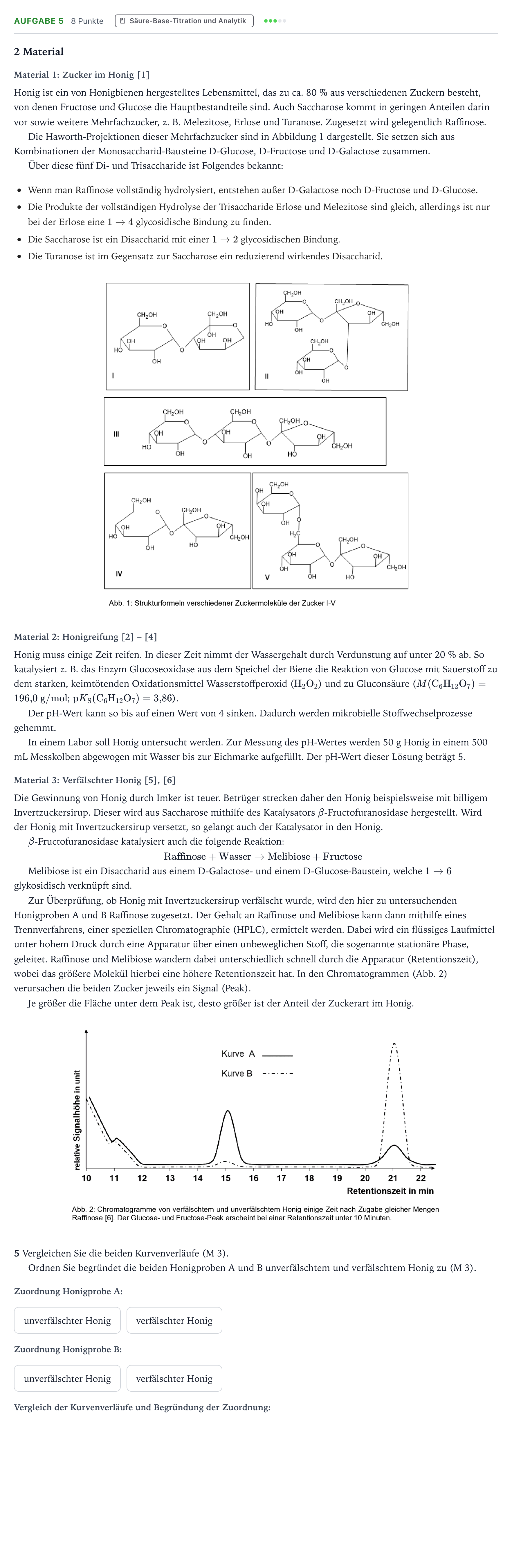 Aufgabenstellung: Aufgabe 5 · Abitur NRW Chemie LK · Honig – eine süße Sache 2026