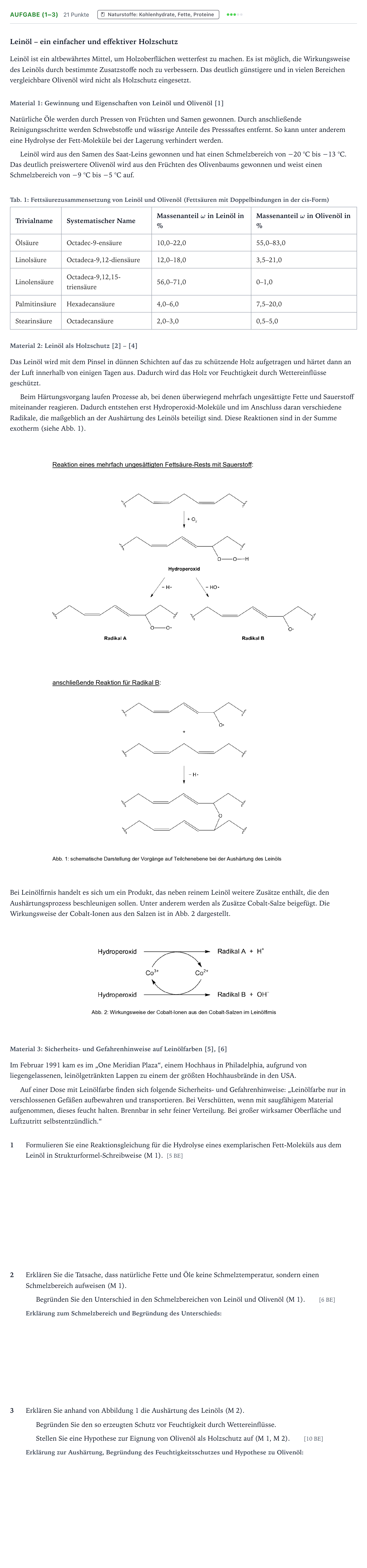 Aufgabenstellung: Aufgabe (1–3) - Naturstoffe: Kohlenhydrate, Fette… · Abitur NRW Chemie GK · Leinöl – ein einfacher und effektiv 2025