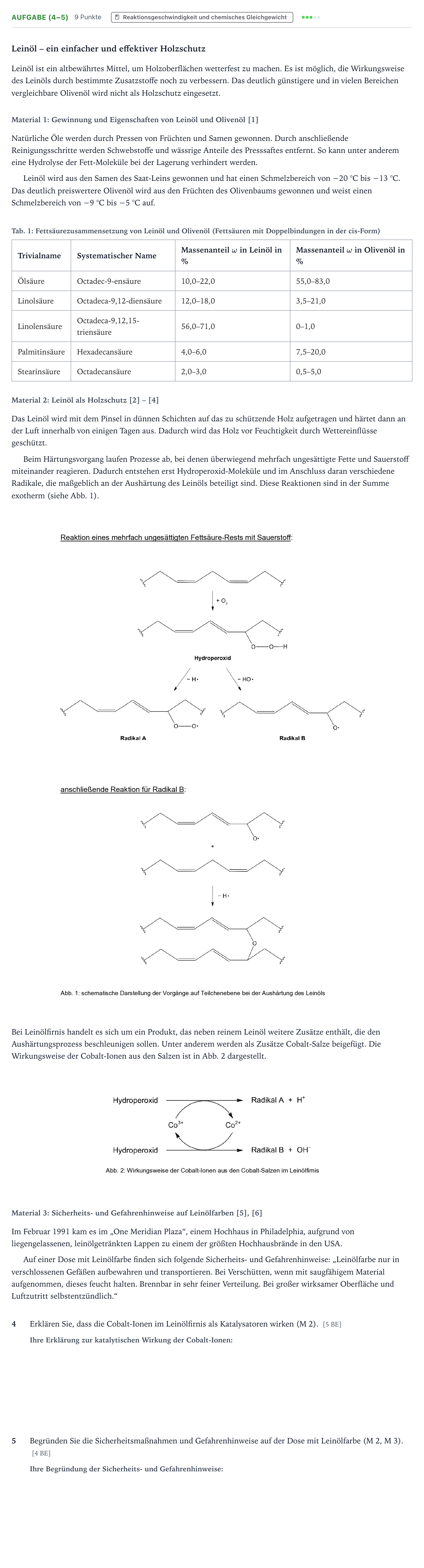 Aufgabenstellung: Aufgabe (4–5) - Reaktionsgeschwindigkeit und chem… · Abitur NRW Chemie GK · Leinöl – ein einfacher und effektiv 2025