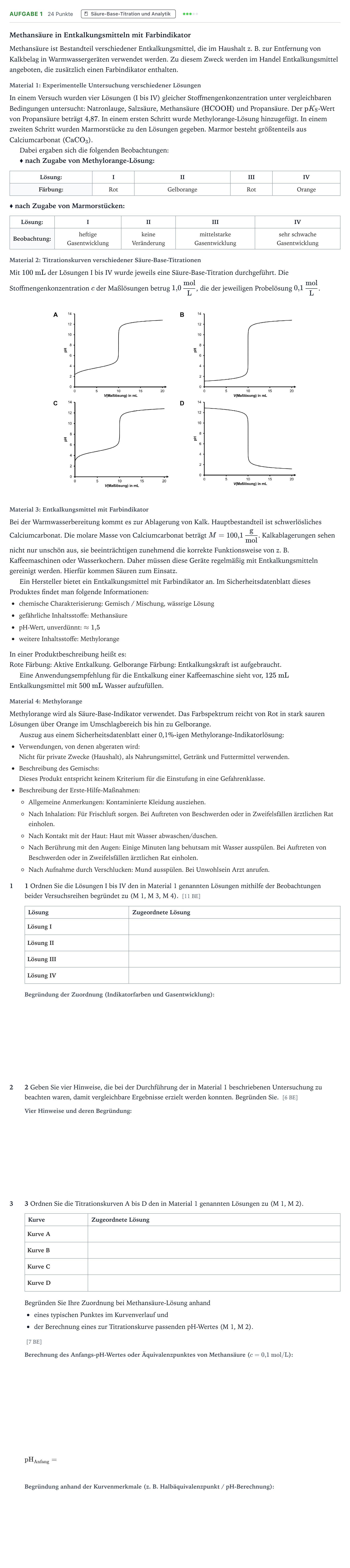 Aufgabenstellung: Aufgabe 1 - Säure-Base-Titration und Analytik · Abitur NRW Chemie LK · Methansäure in Entkalkungsmitteln m 2026