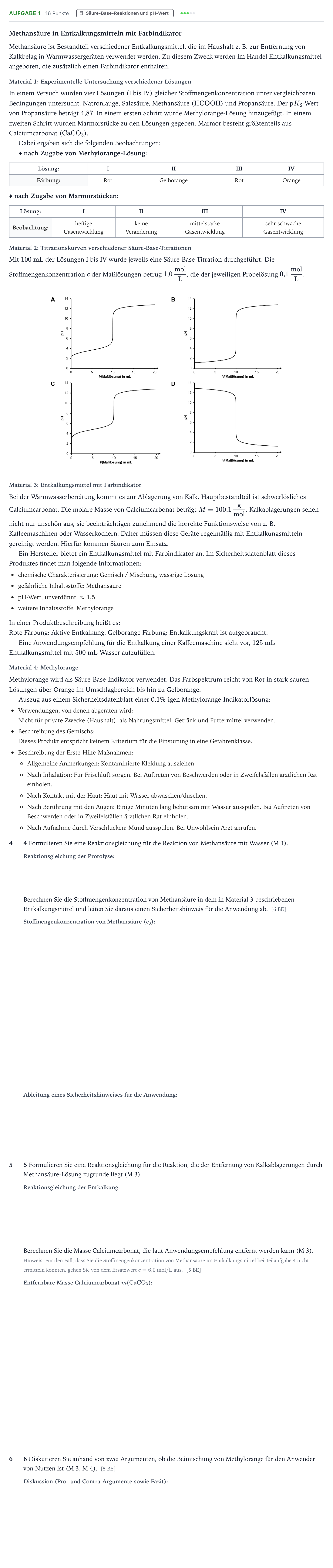 Aufgabenstellung: Aufgabe 1 - Säure-Base-Reaktionen und pH-Wert · Abitur NRW Chemie LK · Methansäure in Entkalkungsmitteln m 2026