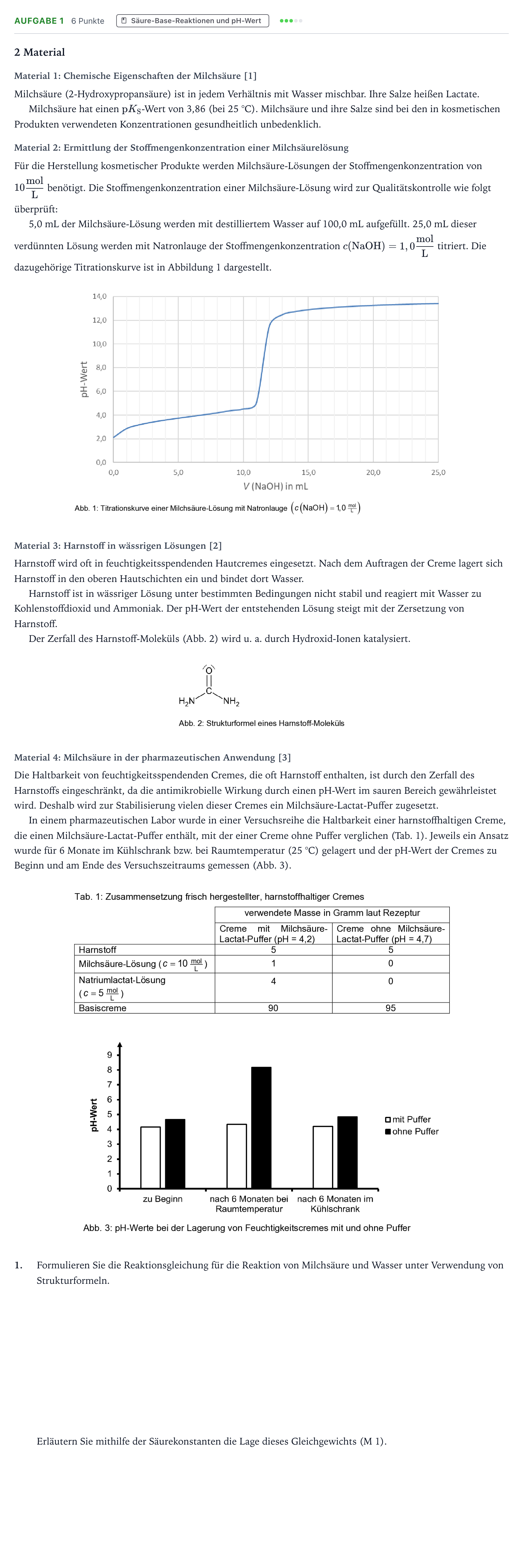 Aufgabenstellung: Aufgabe 1 · Abitur NRW Chemie LK · Milchsäure-Lactat-Puffer in harnsto 2025