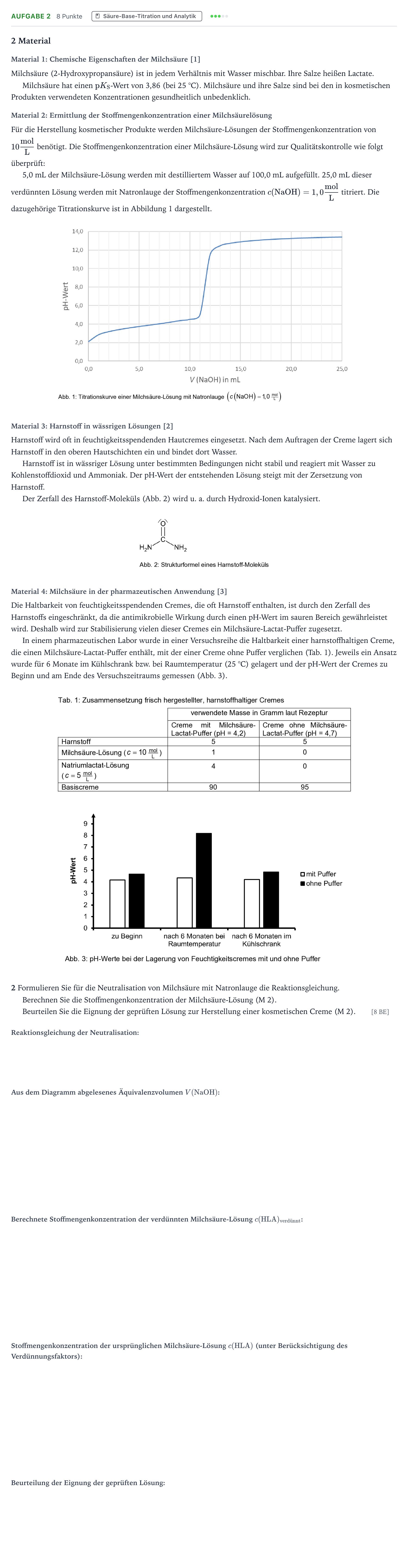 Aufgabenstellung: Aufgabe 2 · Abitur NRW Chemie LK · Milchsäure-Lactat-Puffer in harnsto 2025
