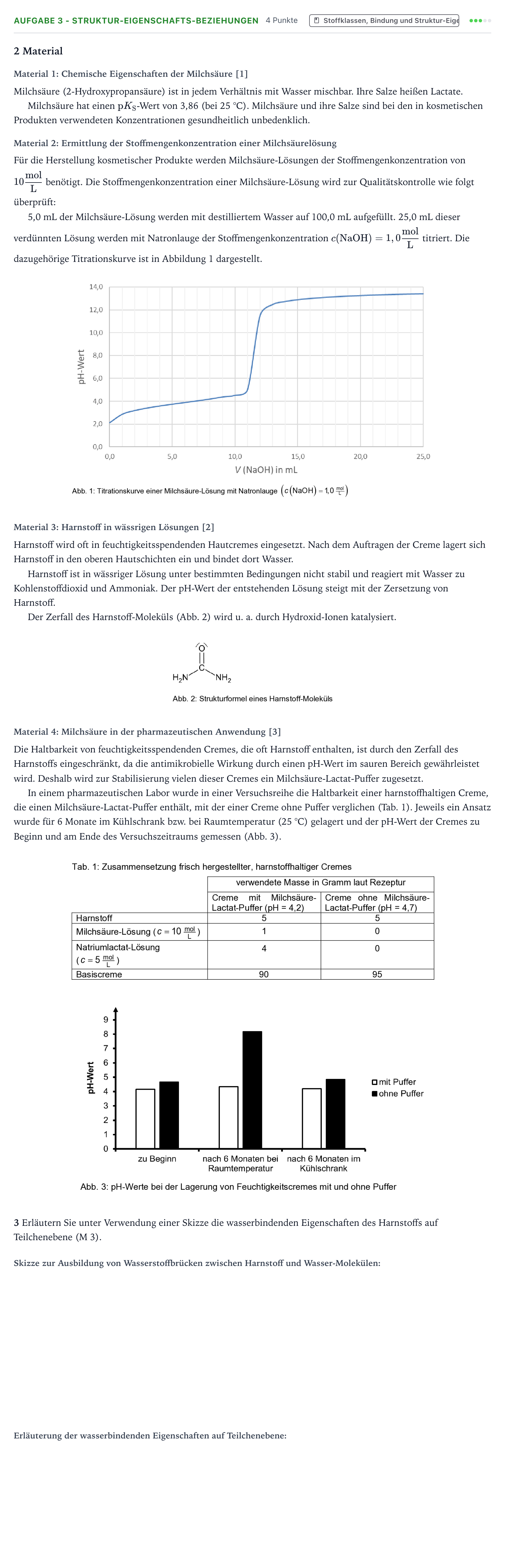 Aufgabenstellung: Aufgabe 3 - Struktur-Eigenschafts-Beziehungen · Abitur NRW Chemie LK · Milchsäure-Lactat-Puffer in harnsto 2025