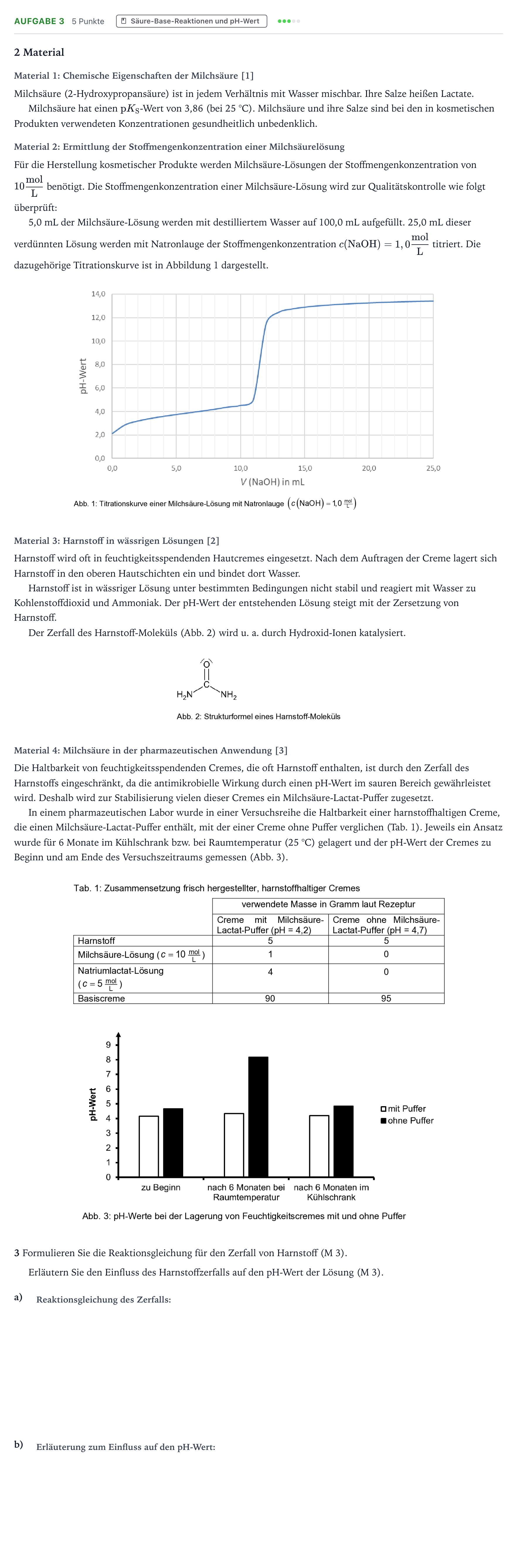 Aufgabenstellung: Aufgabe 3 - Säure-Base-Reaktionen · Abitur NRW Chemie LK · Milchsäure-Lactat-Puffer in harnsto 2025