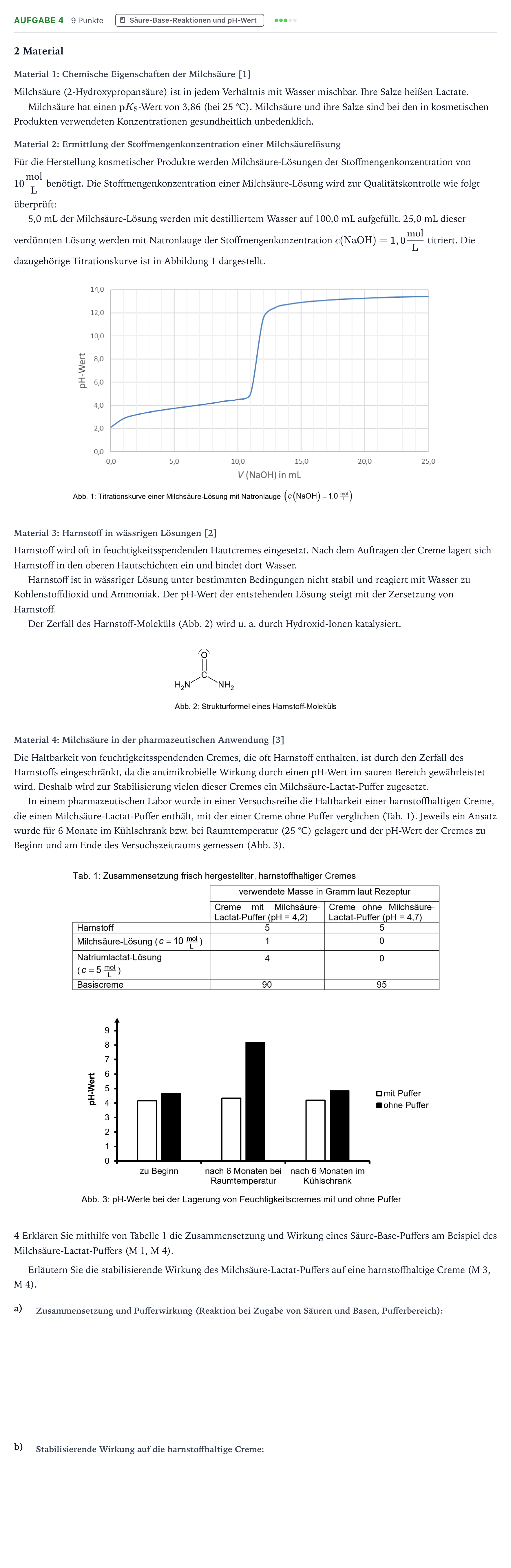 Aufgabenstellung: Aufgabe 4 · Abitur NRW Chemie LK · Milchsäure-Lactat-Puffer in harnsto 2025