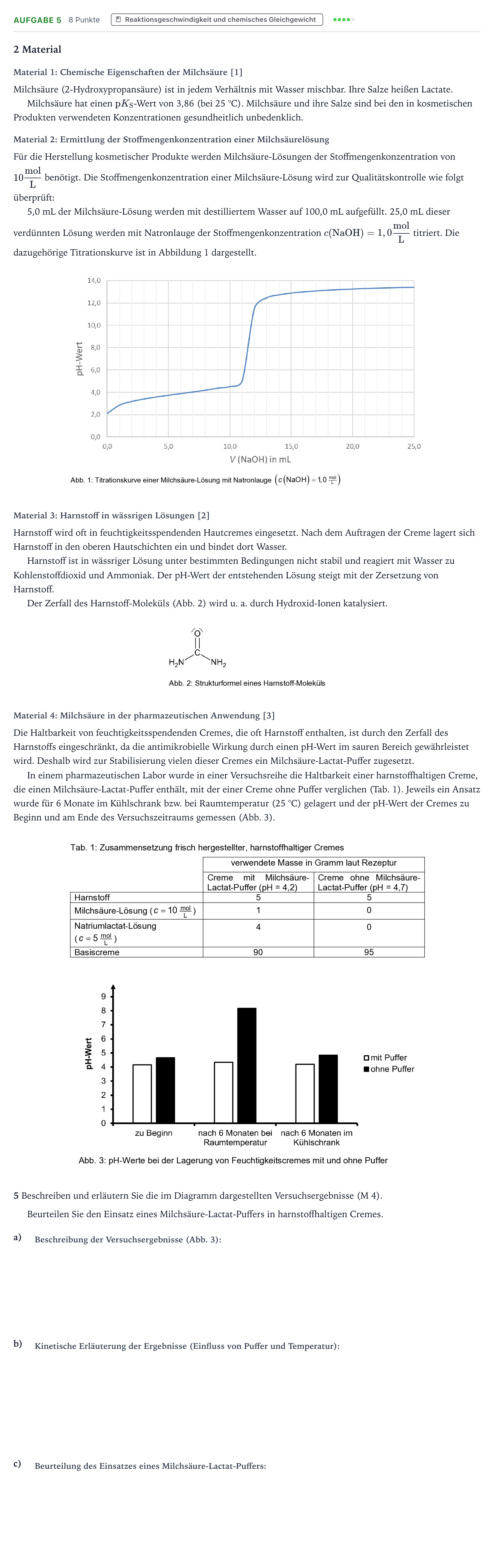 Aufgabenstellung: Aufgabe 5 · Abitur NRW Chemie LK · Milchsäure-Lactat-Puffer in harnsto 2025