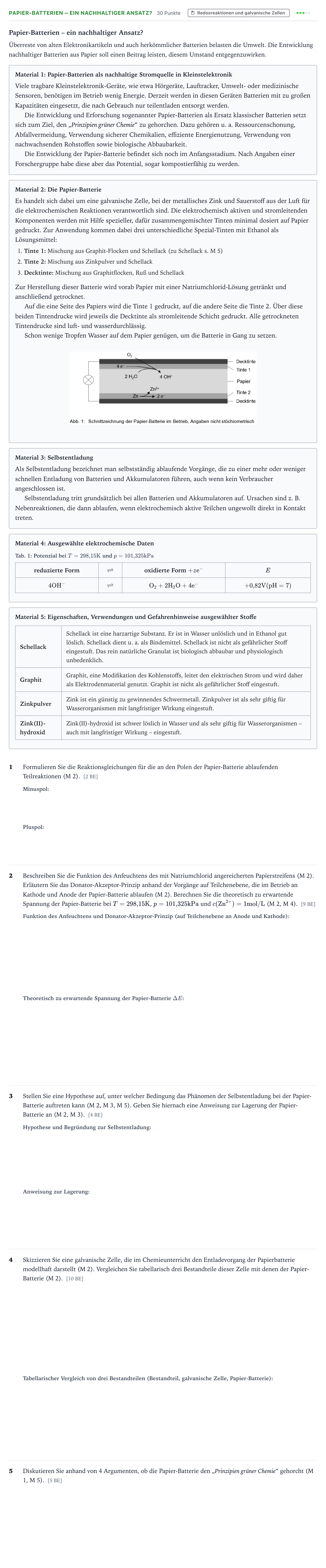 Aufgabenstellung: Aufgabe Papier-Batterien – ein nachhaltiger Ansatz? · Abitur NRW Chemie GK · Papier-Batterien – ein nachhaltiger 2026