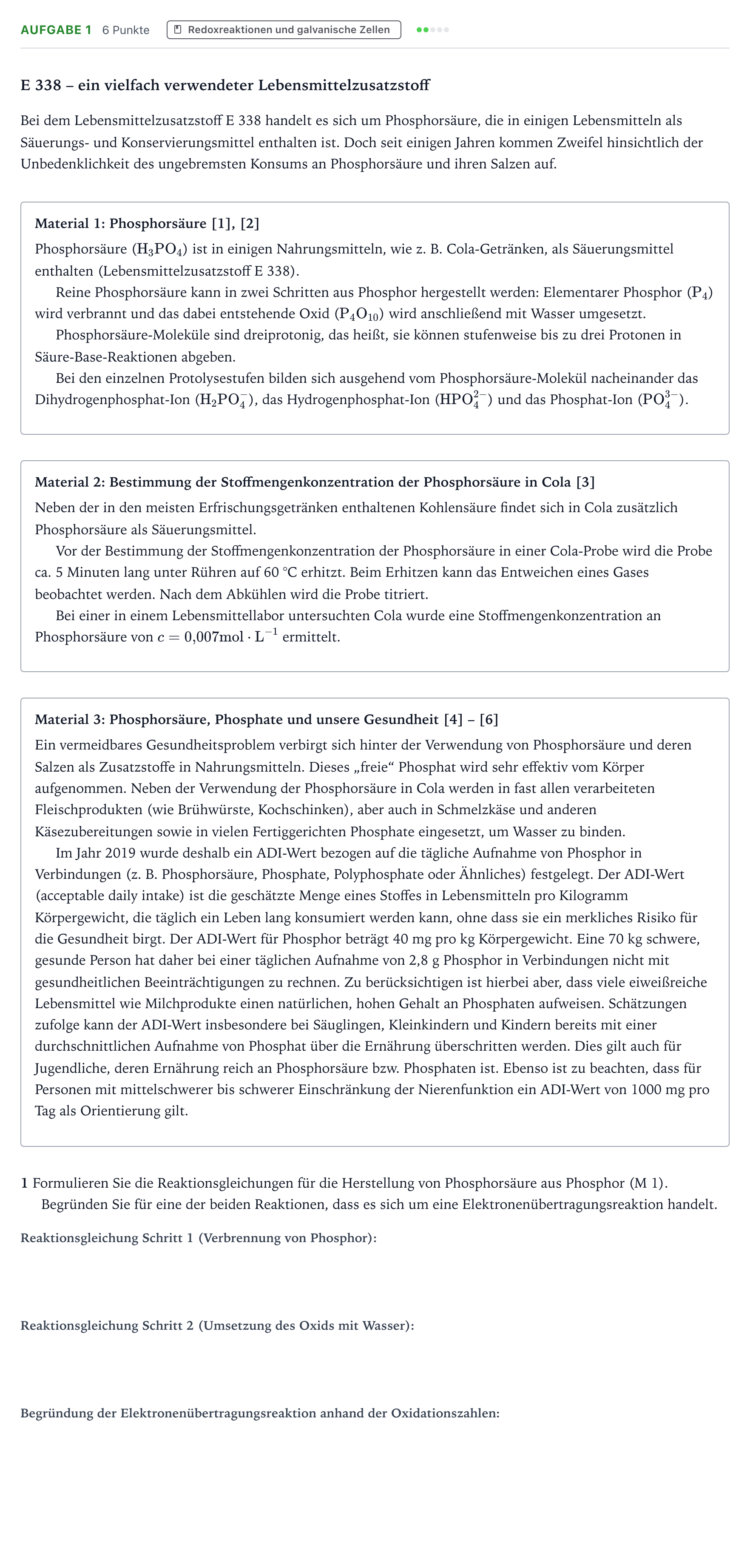 Aufgabenstellung: Aufgabe 1 · Abitur NRW Chemie GK · Phosphorsäure-GN 2025