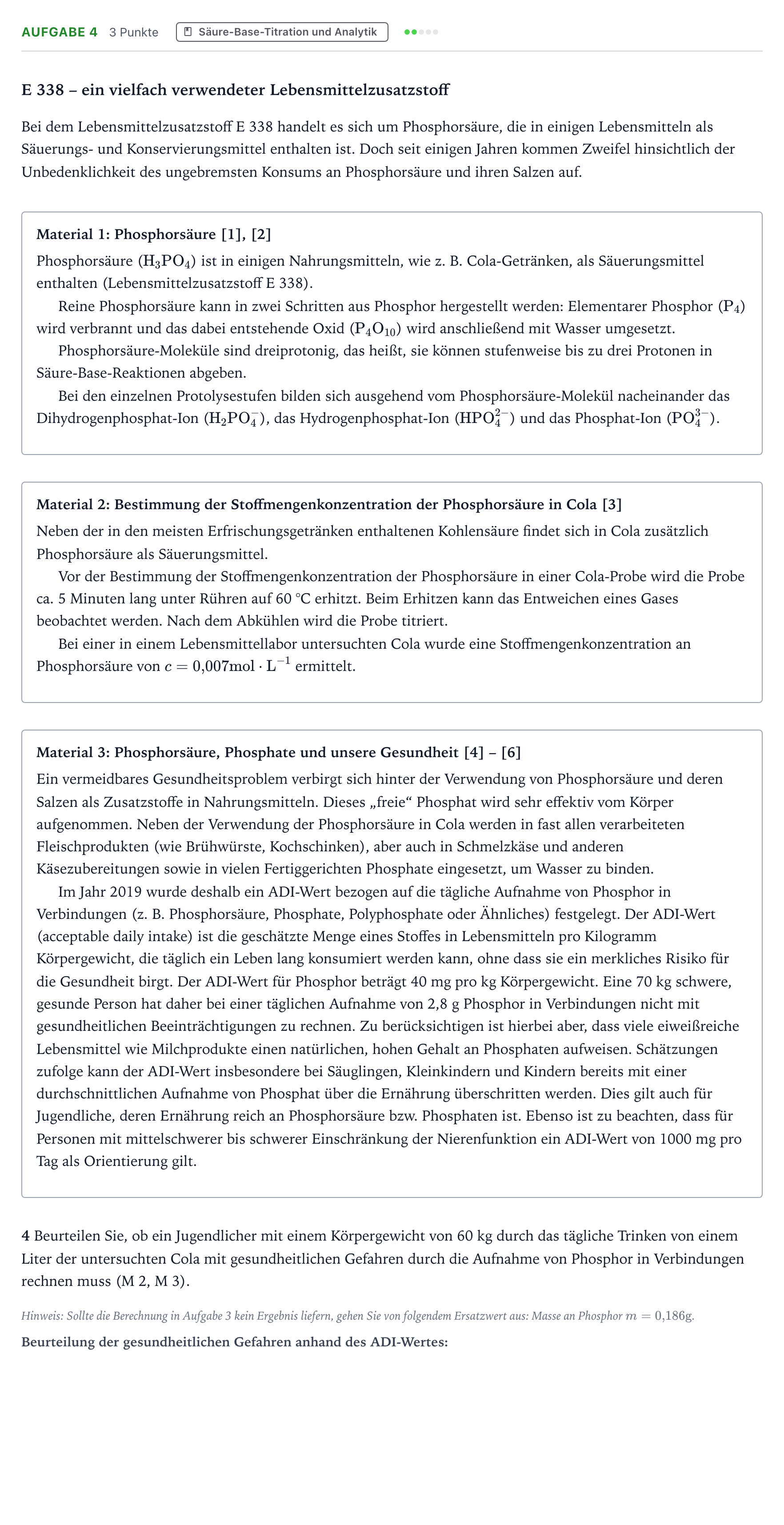Aufgabenstellung: Aufgabe 4 · Abitur NRW Chemie GK · Phosphorsäure-GN 2025