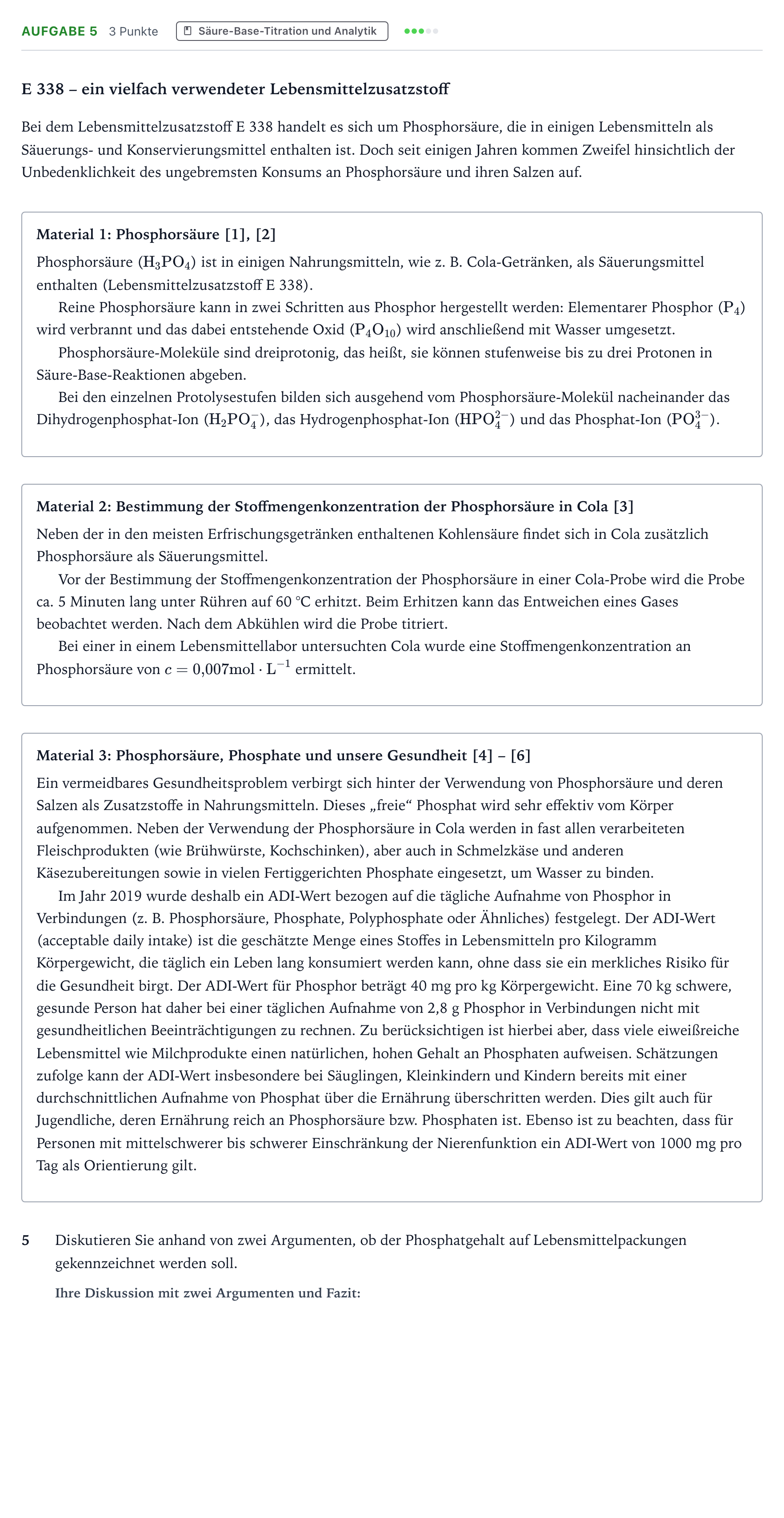 Aufgabenstellung: Aufgabe 5 · Abitur NRW Chemie GK · Phosphorsäure-GN 2025