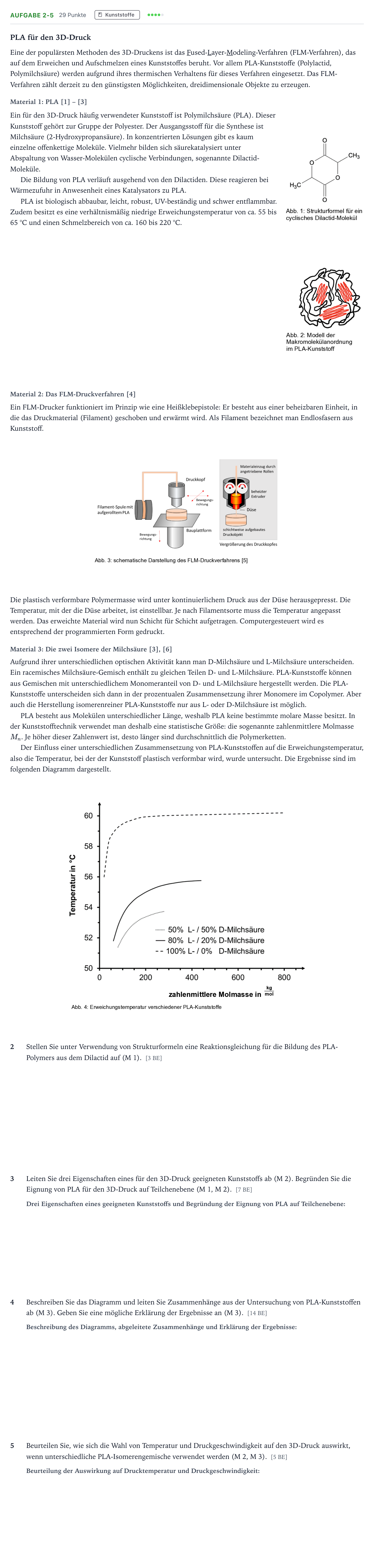 Aufgabenstellung: Aufgabe 2-5 - Kunststoffe · Abitur NRW Chemie LK · PLA für den 3 D-Druck 2025