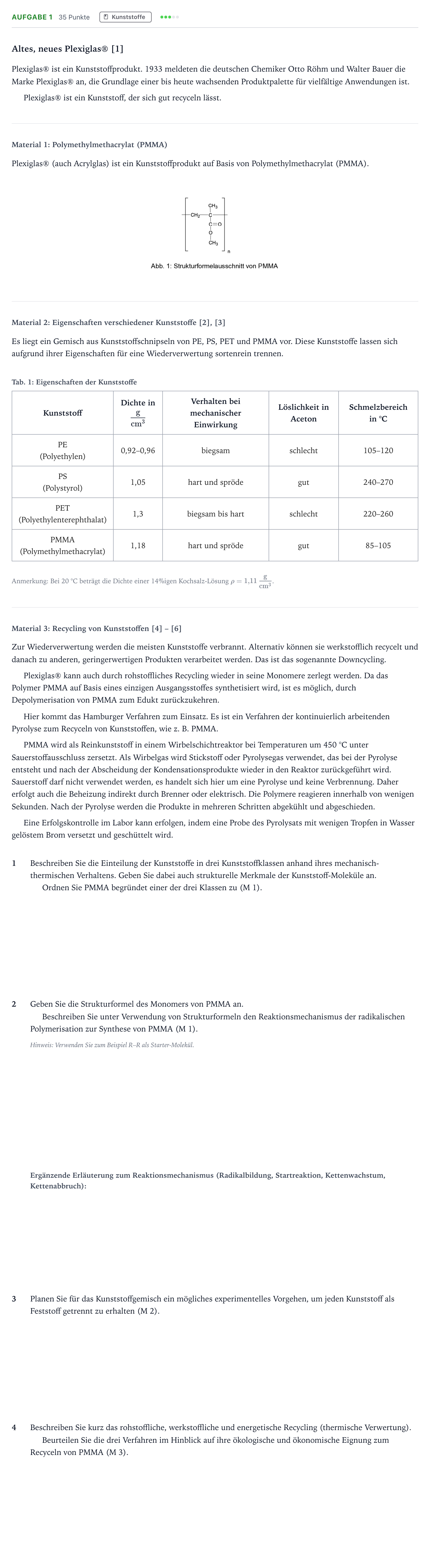 Aufgabenstellung: Aufgabe 1 - Kunststoffe · Abitur NRW Chemie LK · Plexiglas-EN 2025
