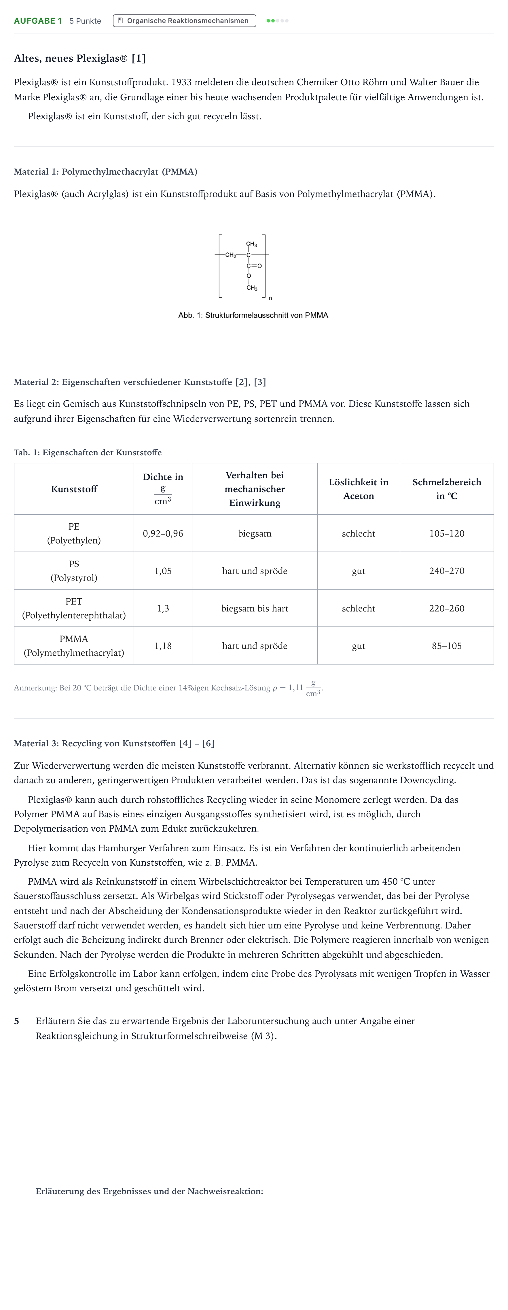 Aufgabenstellung: Aufgabe 1 - Organische Reaktionsmechanismen · Abitur NRW Chemie LK · Plexiglas-EN 2025