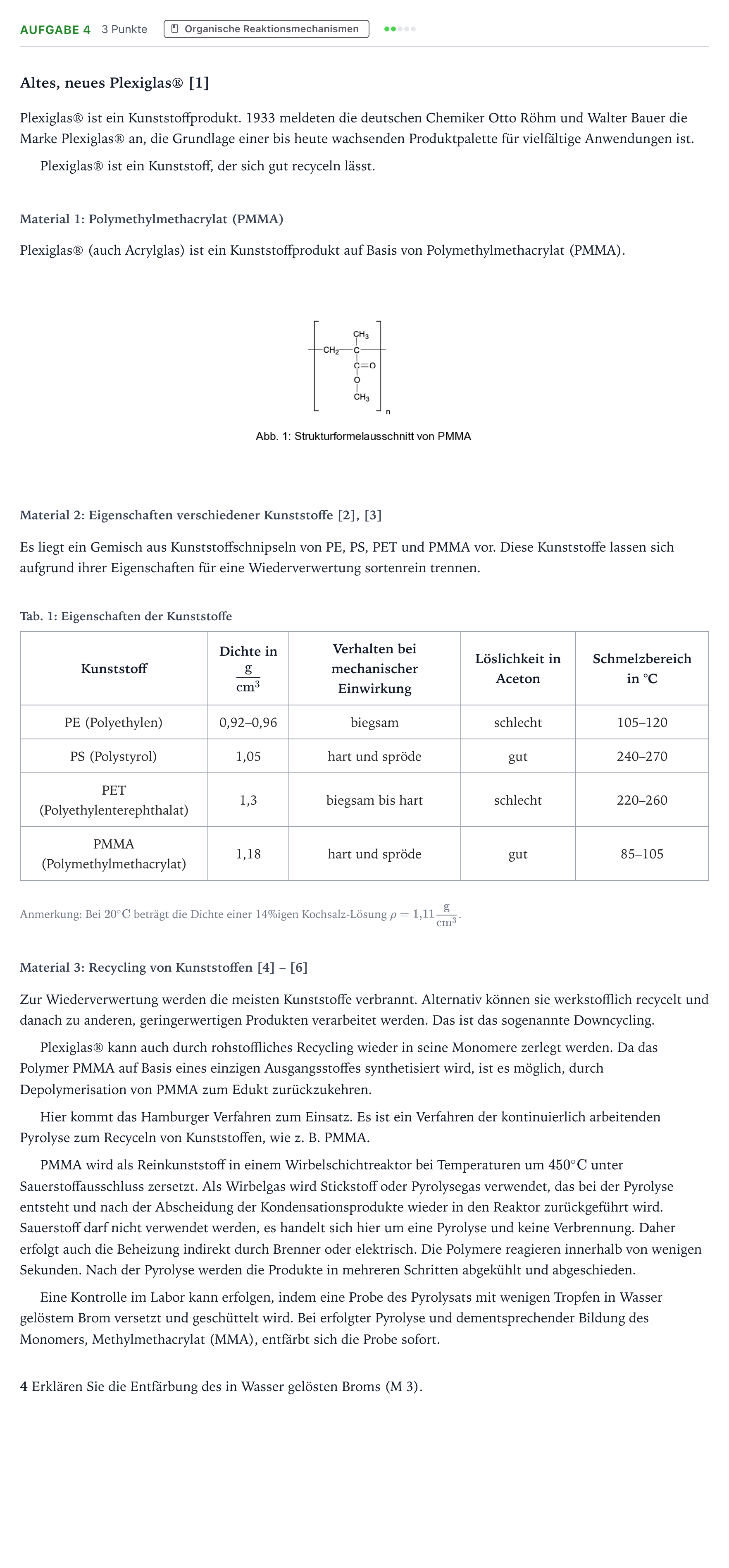 Aufgabenstellung: Aufgabe 4 - Organische Reaktionsmechanismen · Abitur NRW Chemie GK · Plexiglas-GN 2025