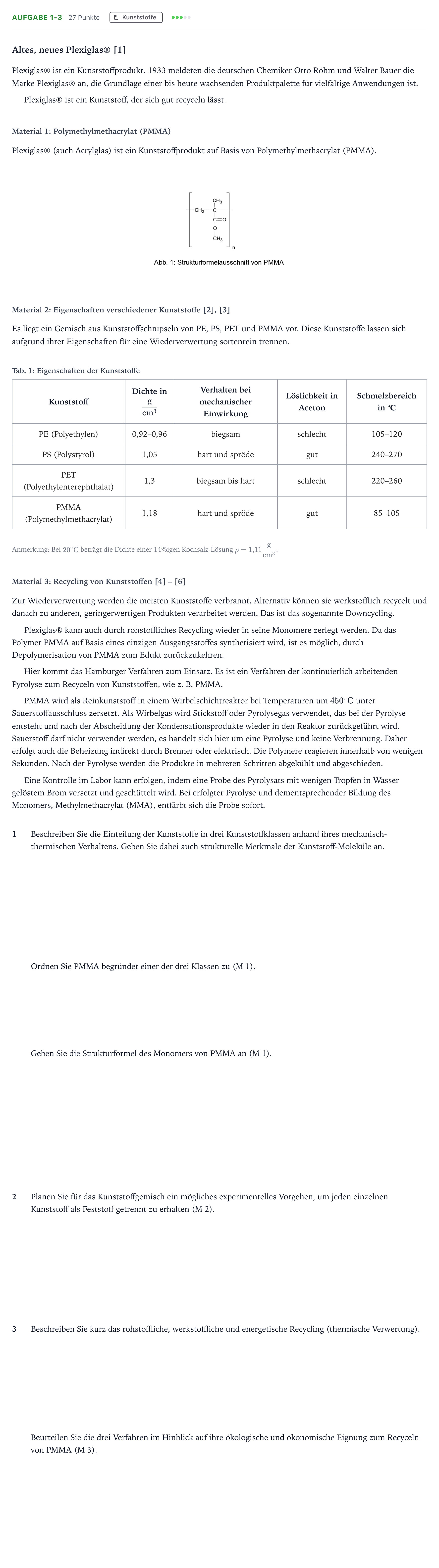 Aufgabenstellung: Aufgabe 1-3 - Kunststoffe · Abitur NRW Chemie GK · Plexiglas-GN 2025