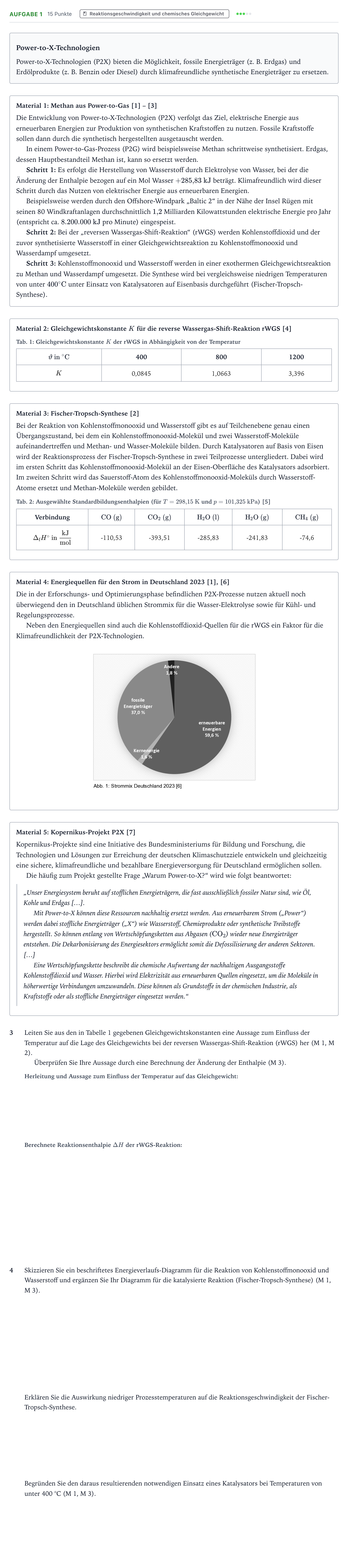 Aufgabenstellung: Aufgabe 1 - Reaktionsgeschwindigkeit und chemisches Gleic… · Abitur NRW Chemie GK · Power-to-X-Technologien 2025