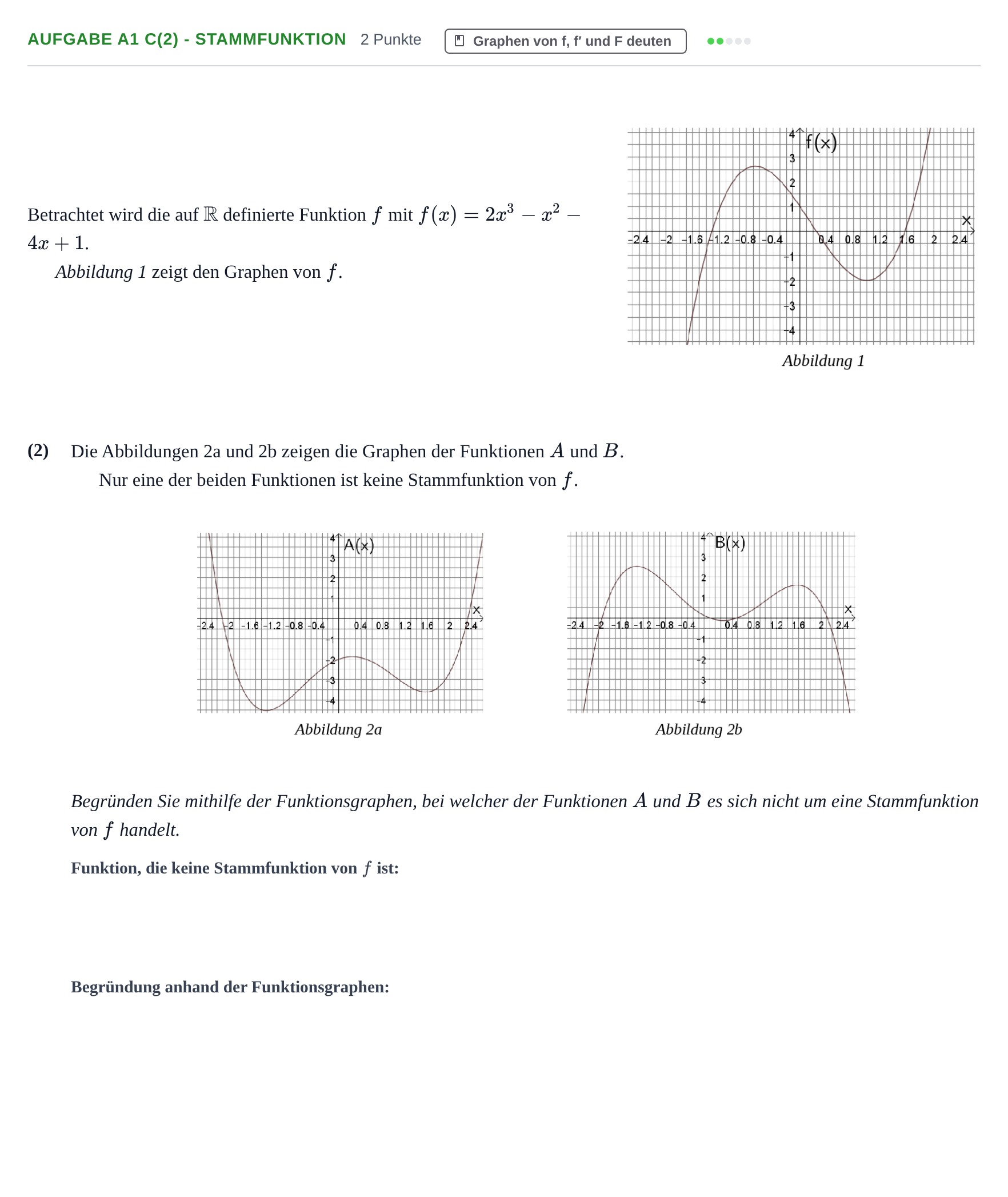 Aufgabenstellung: Aufgabe A1 c(2) - Stammfunktion · Abitur NRW Mathematik GK · Nachtermin · GTR 2022