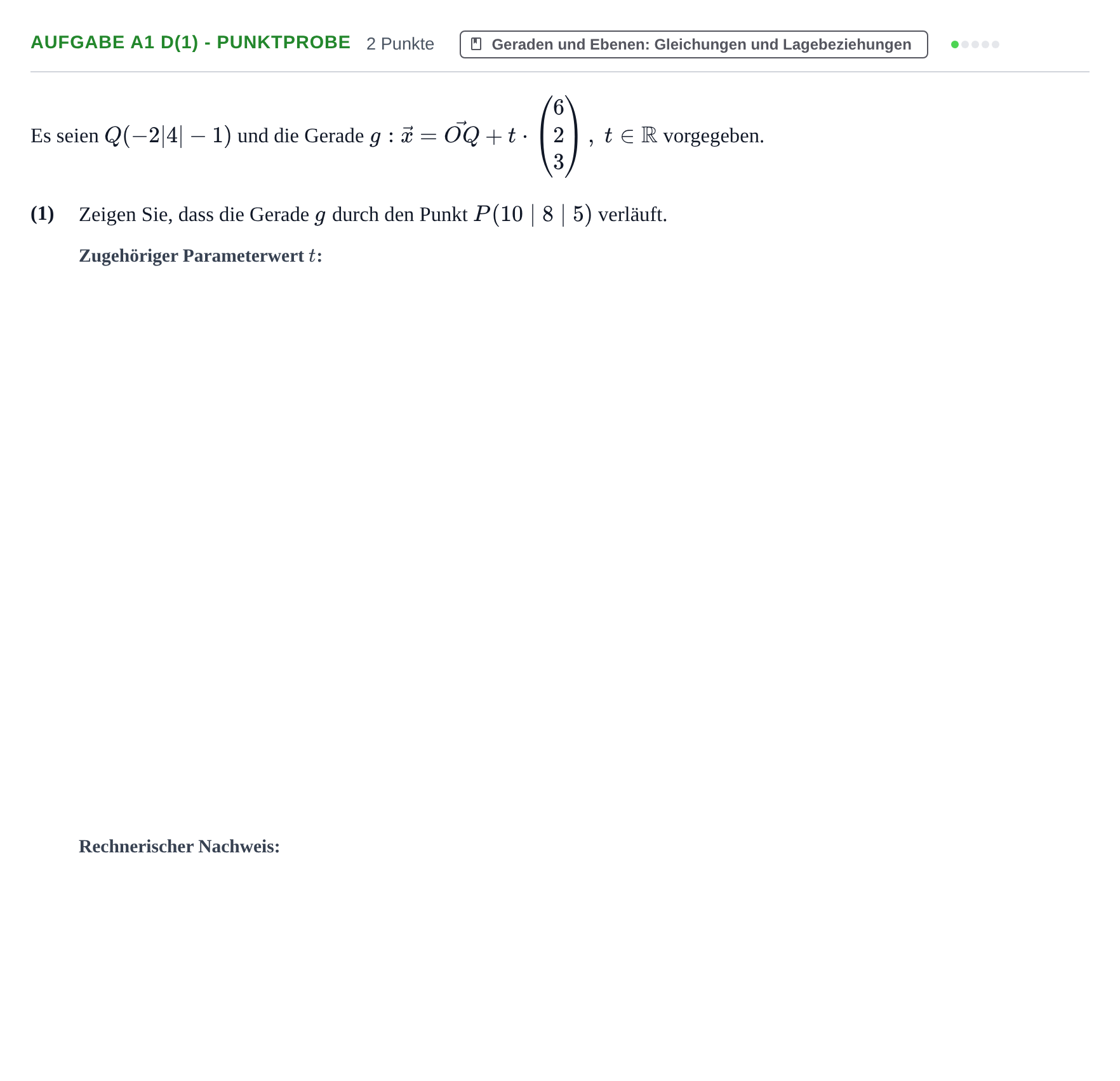 Aufgabenstellung: Aufgabe A1 d(1) - Punktprobe · Abitur NRW Mathematik GK · Nachtermin · GTR 2022