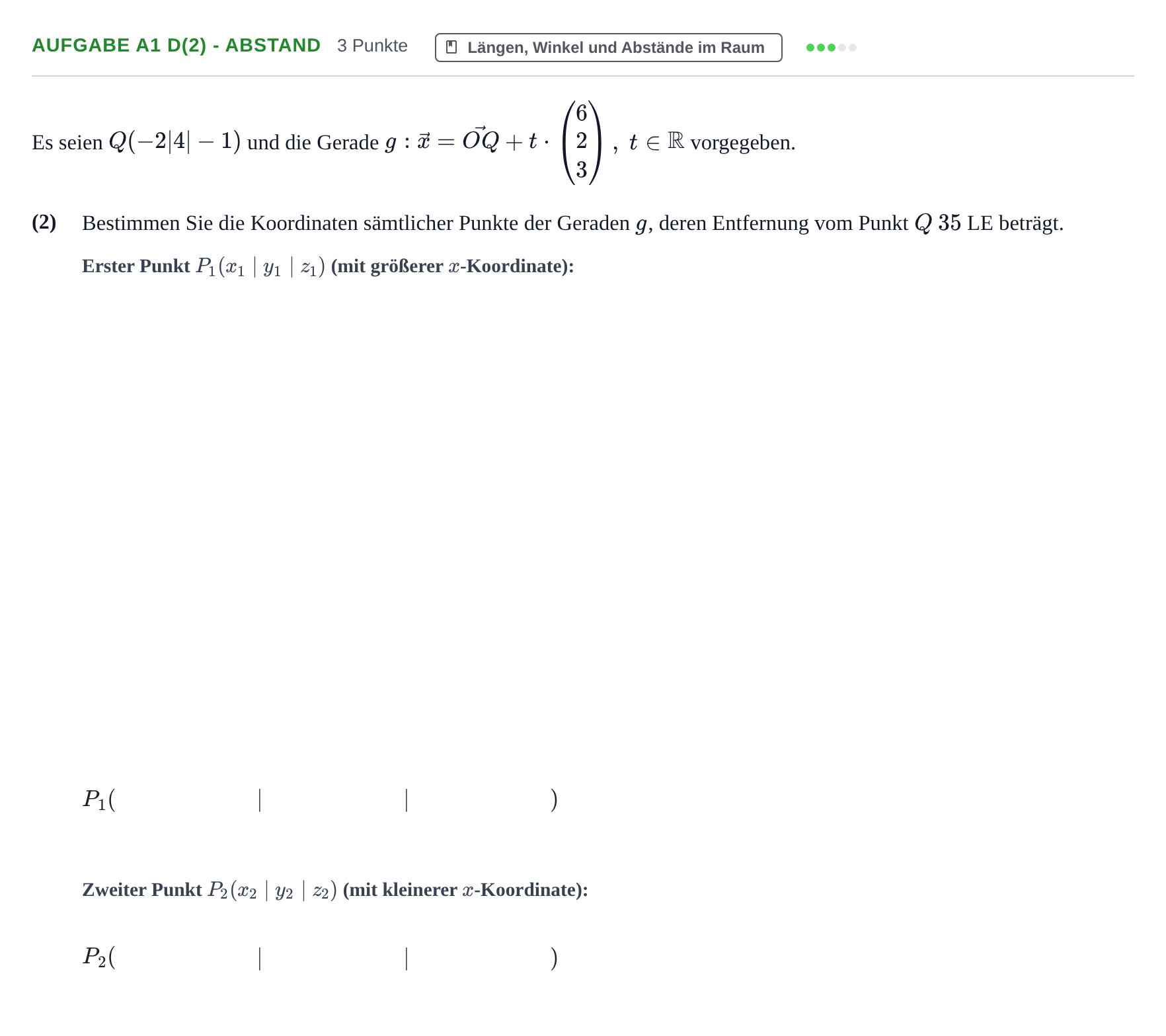 Aufgabenstellung: Aufgabe A1 d(2) - Abstand · Abitur NRW Mathematik GK · Nachtermin · GTR 2022