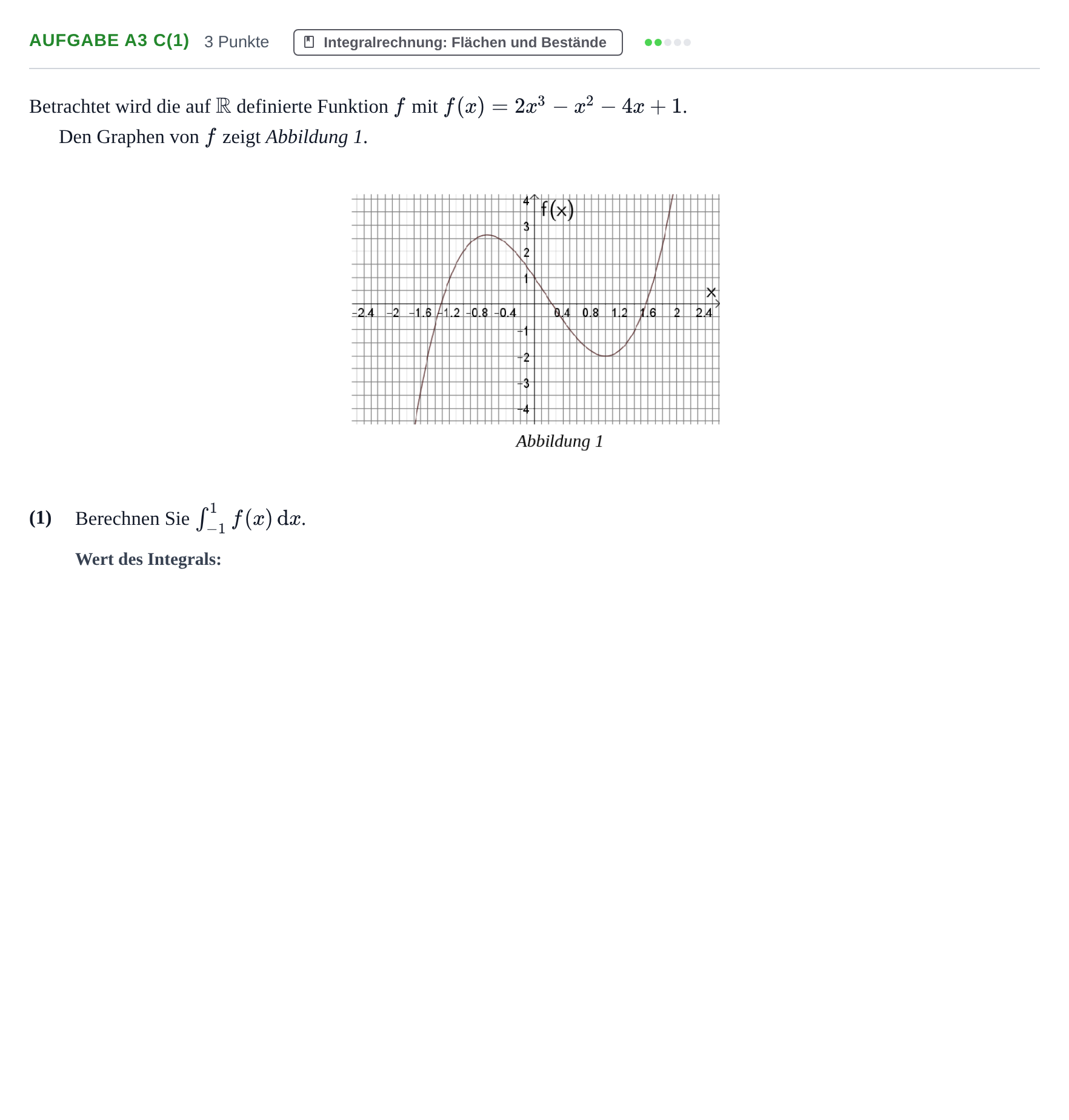 Aufgabenstellung: Aufgabe A3 c(1) - Integral · Abitur NRW Mathematik GK · Nachtermin · GTR 2022