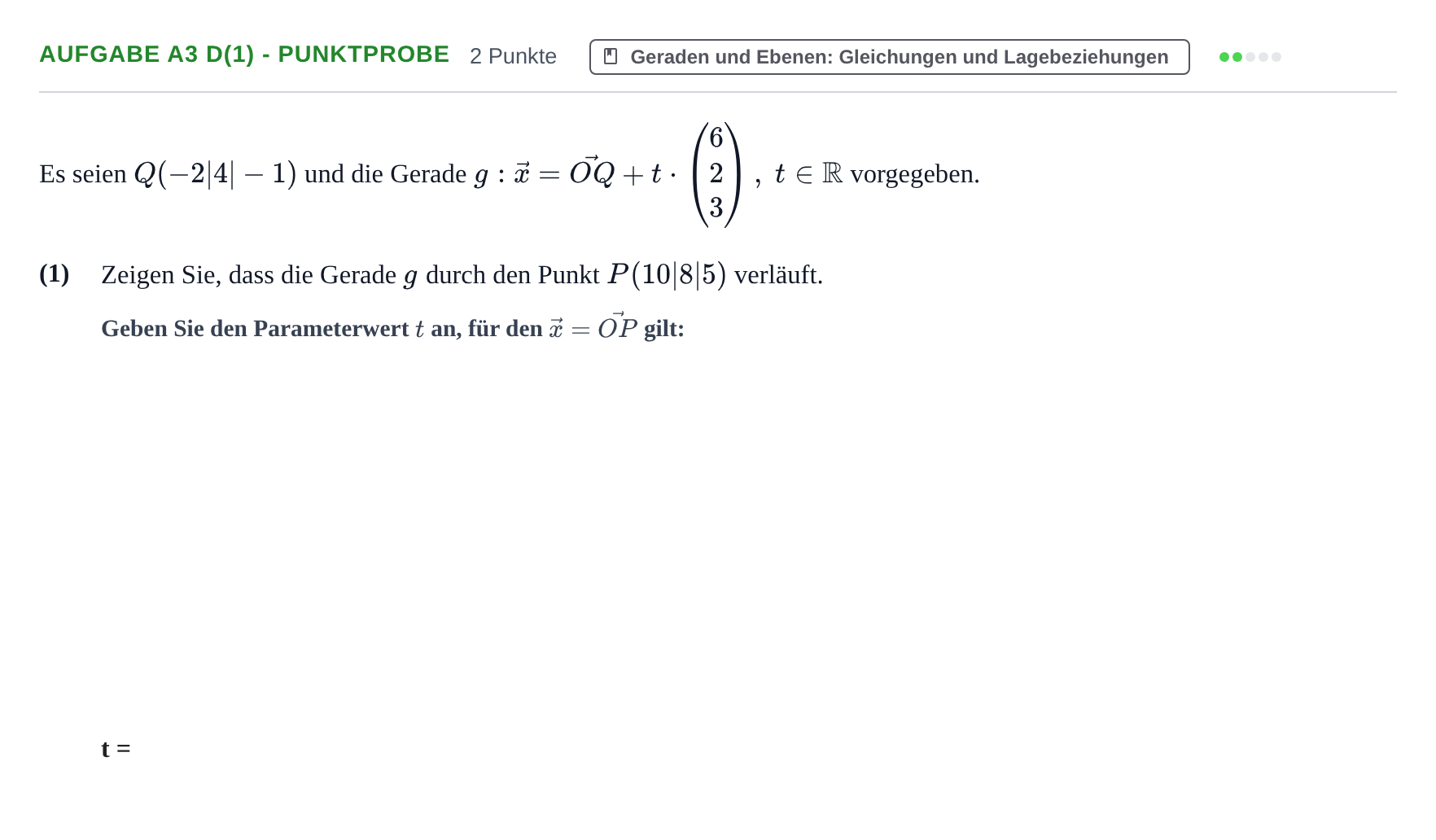 Aufgabenstellung: Aufgabe A3 d(1) - Punktprobe · Abitur NRW Mathematik GK · Nachtermin · GTR 2022