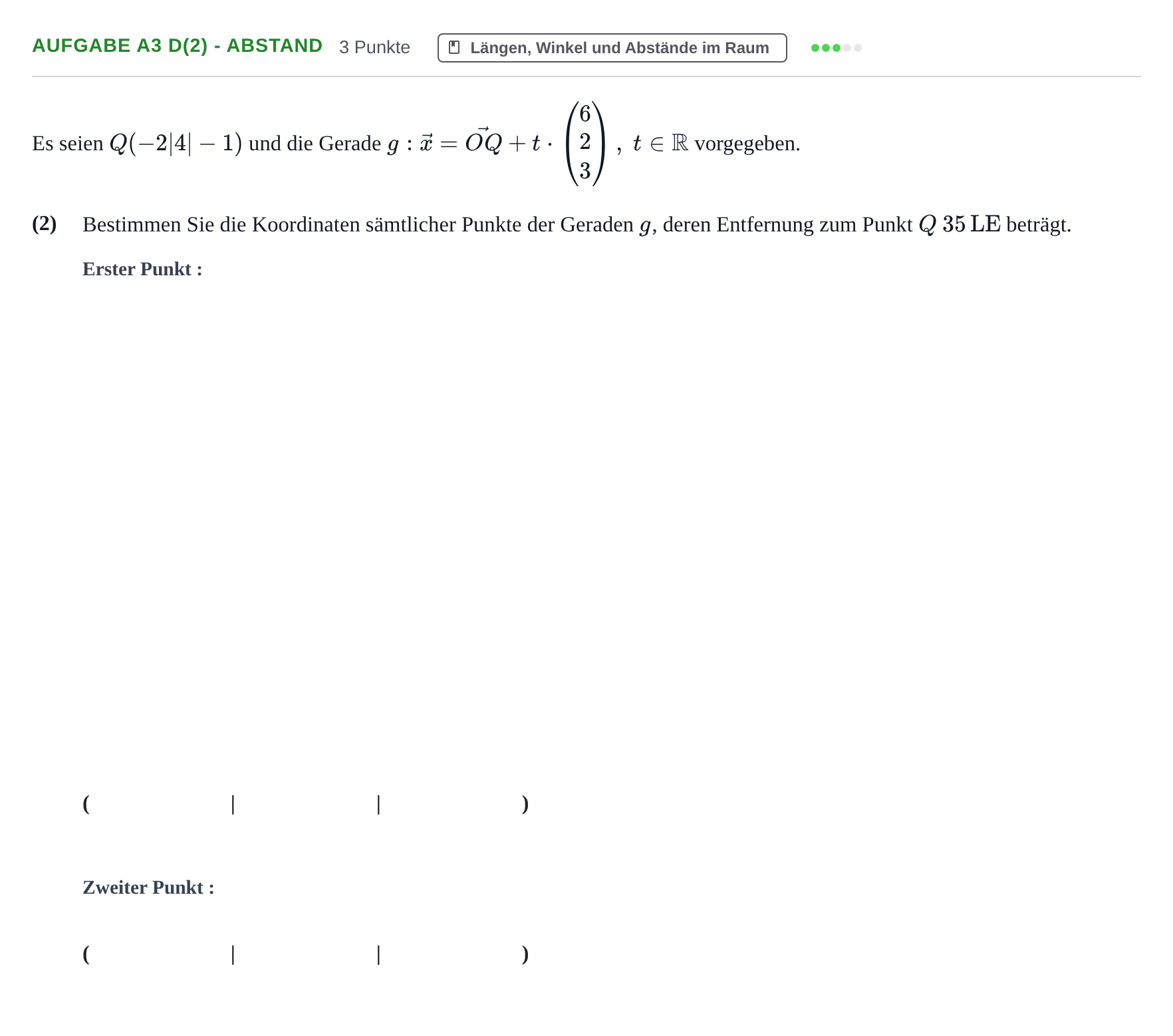 Aufgabenstellung: Aufgabe A3 d(2) - Abstand · Abitur NRW Mathematik GK · Nachtermin · GTR 2022