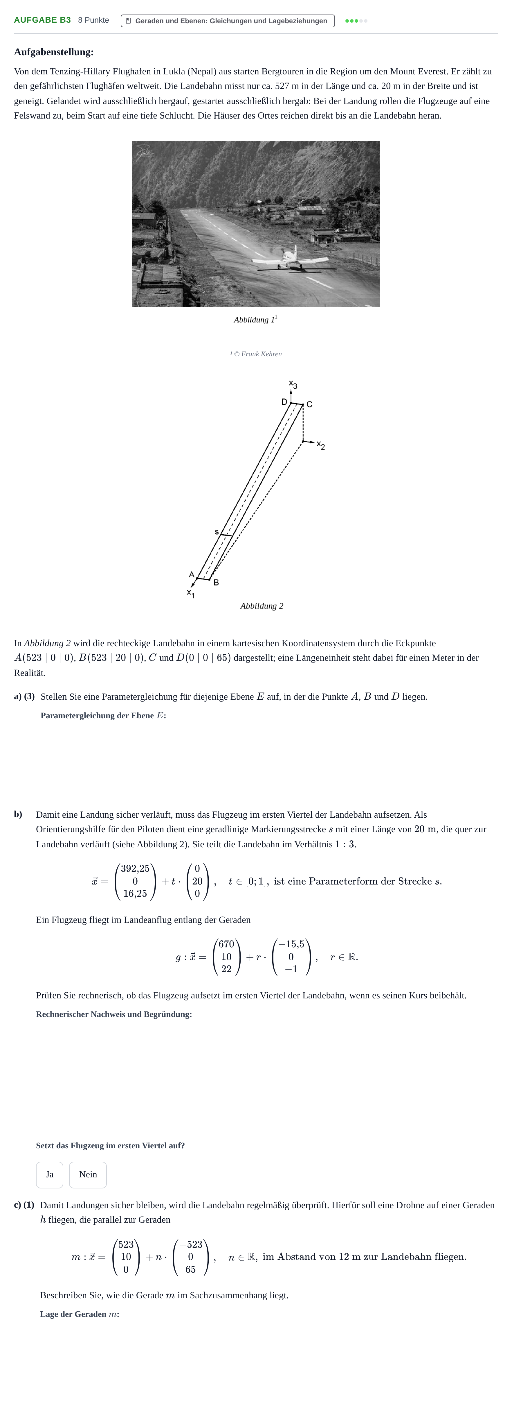 Aufgabenstellung: Aufgabe B3 - Geraden und Ebenen · Abitur NRW Mathematik GK · Nachtermin · GTR 2022