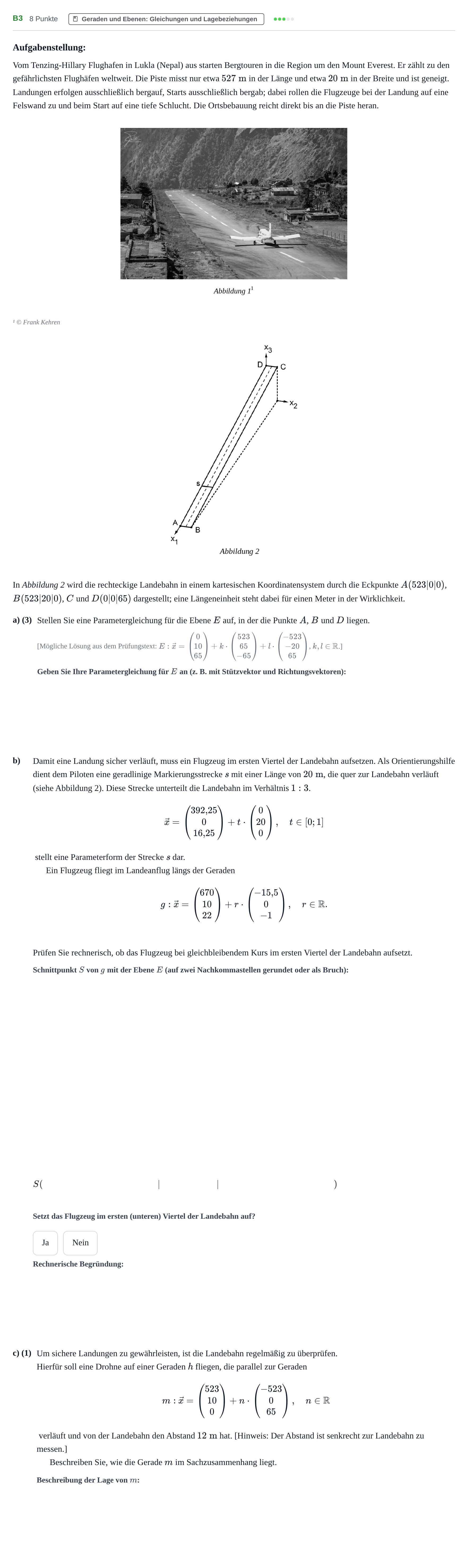 Aufgabenstellung: Aufgabe B3 - Geraden und Ebenen · Abitur NRW Mathematik GK · Nachtermin · GTR · Weiterbildungsko 2022