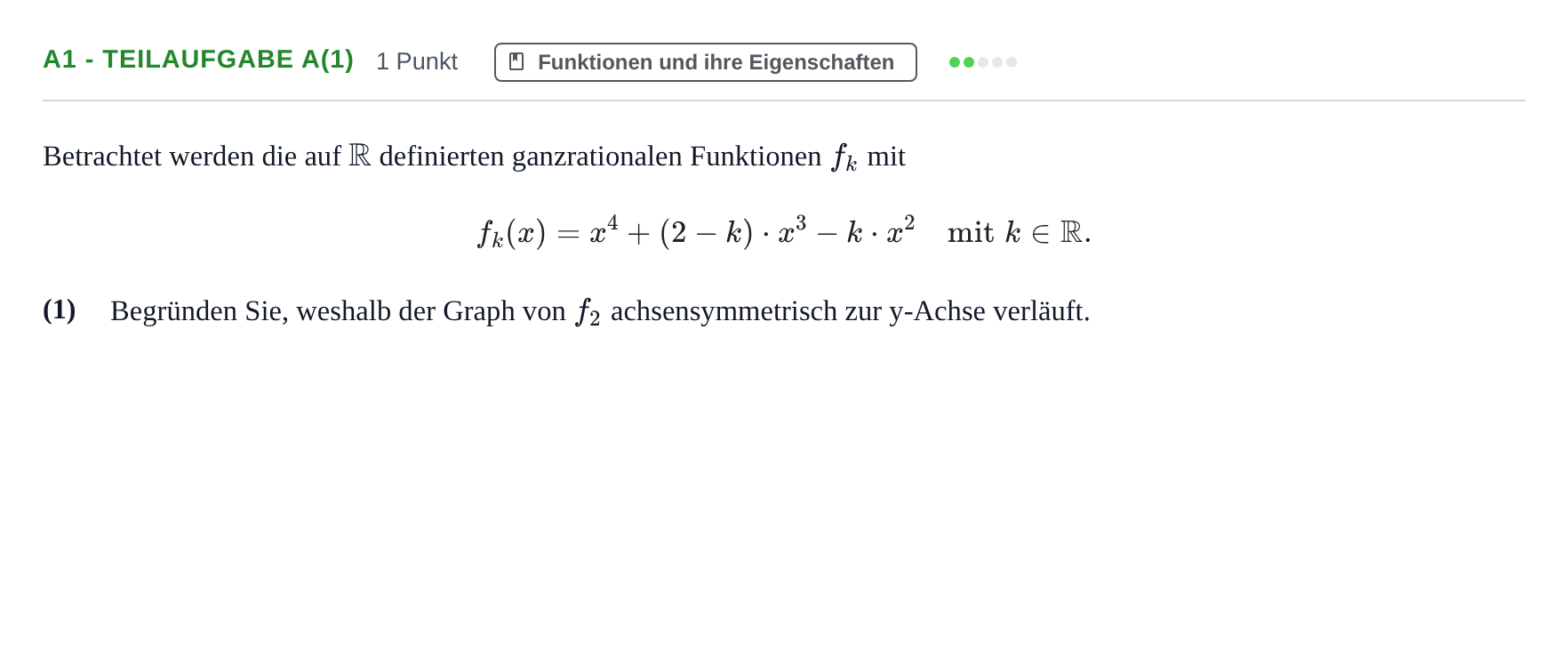 Aufgabenstellung: Aufgabe A1 - Teilaufgabe a(1) · Abitur NRW Mathematik LK · Haupttermin · CAS 2022