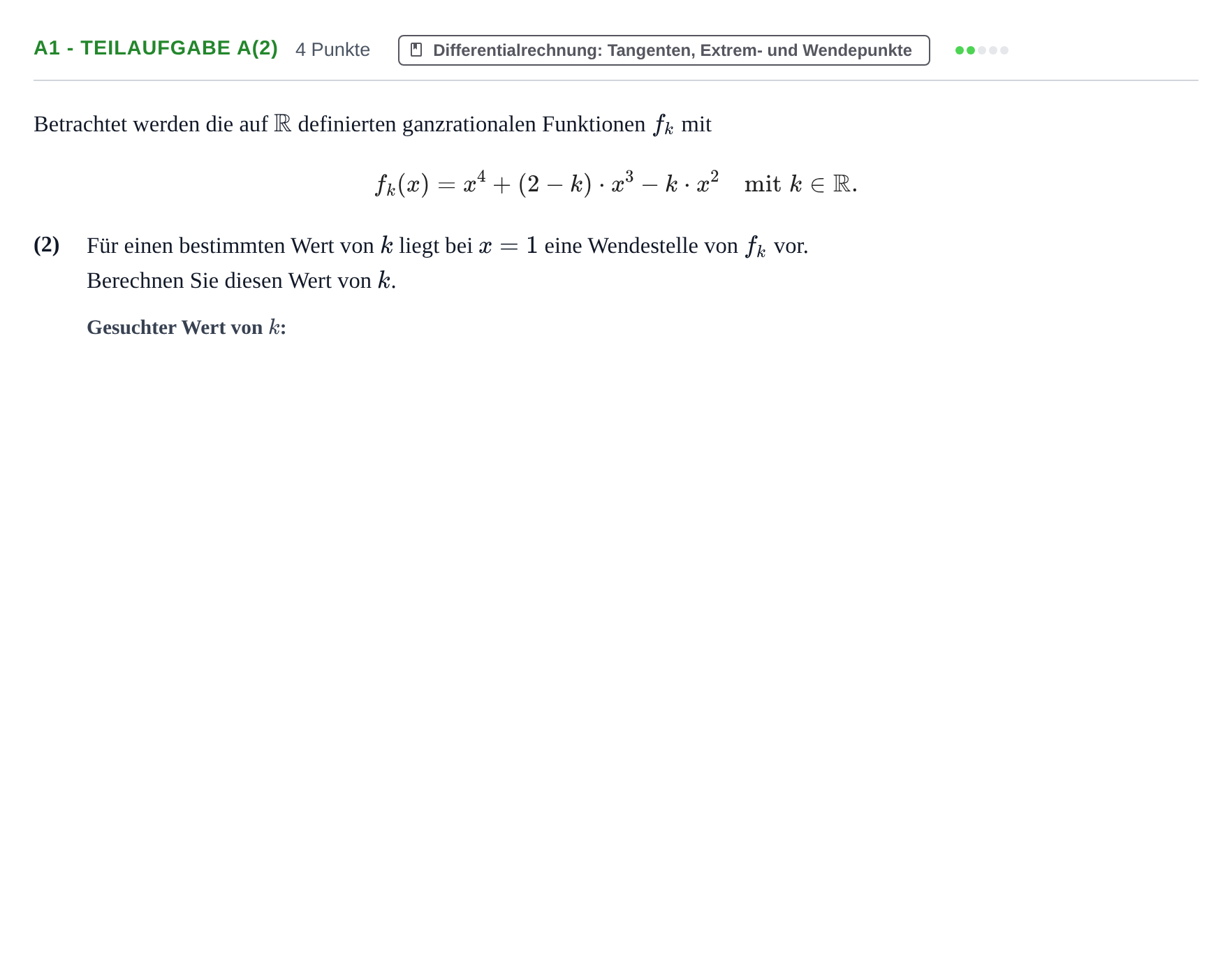 Aufgabenstellung: Aufgabe A1 - Teilaufgabe a(2) · Abitur NRW Mathematik LK · Haupttermin · CAS 2022