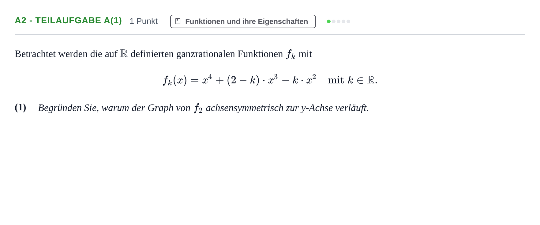 Aufgabenstellung: Aufgabe A2 - Teilaufgabe a(1) · Abitur NRW Mathematik LK · Haupttermin · CAS 2022