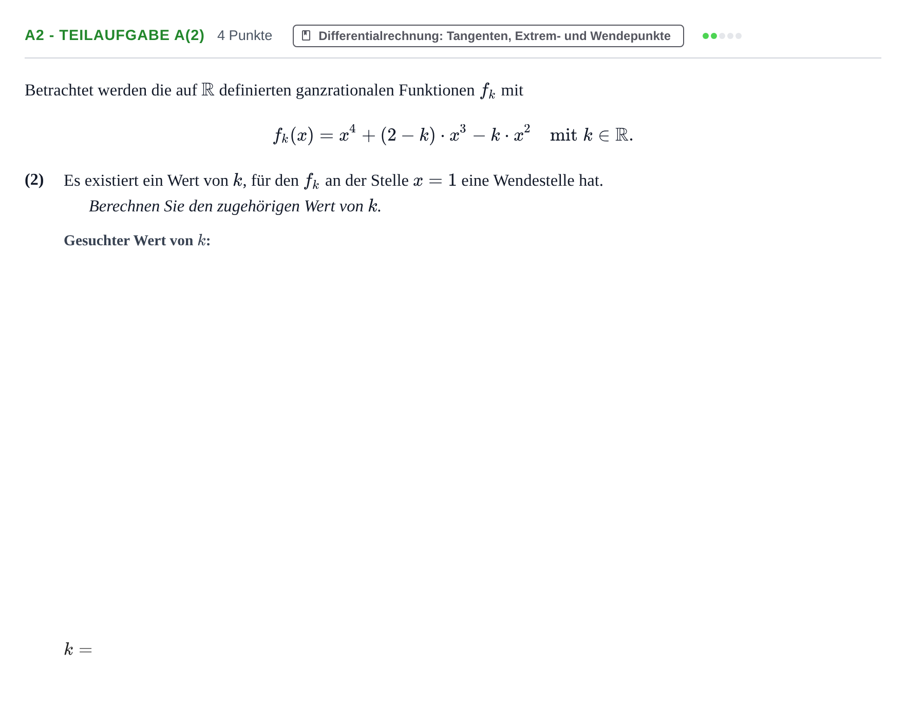 Aufgabenstellung: Aufgabe A2 - Teilaufgabe a(2) · Abitur NRW Mathematik LK · Haupttermin · CAS 2022
