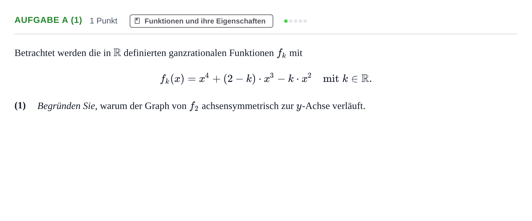 Aufgabenstellung: Aufgabe a (1) - Funktionen und ihre Eigenschaften · Abitur NRW Mathematik LK · Haupttermin · CAS · Weiterbildungsk 2022