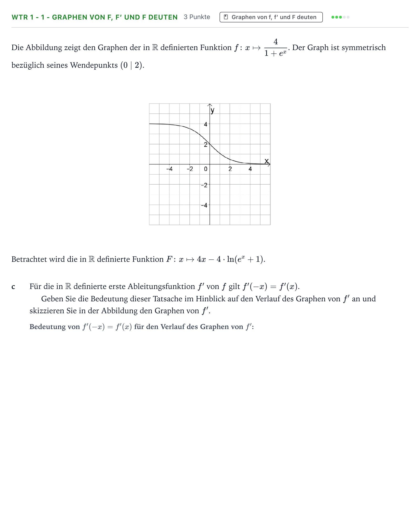 Aufgabenstellung: Aufgabe WTR 1 - 1 - Graphen von f, f′ und F deuten · Abitur NRW Mathematik LK · Teil B · Analysis (WTR) 2024