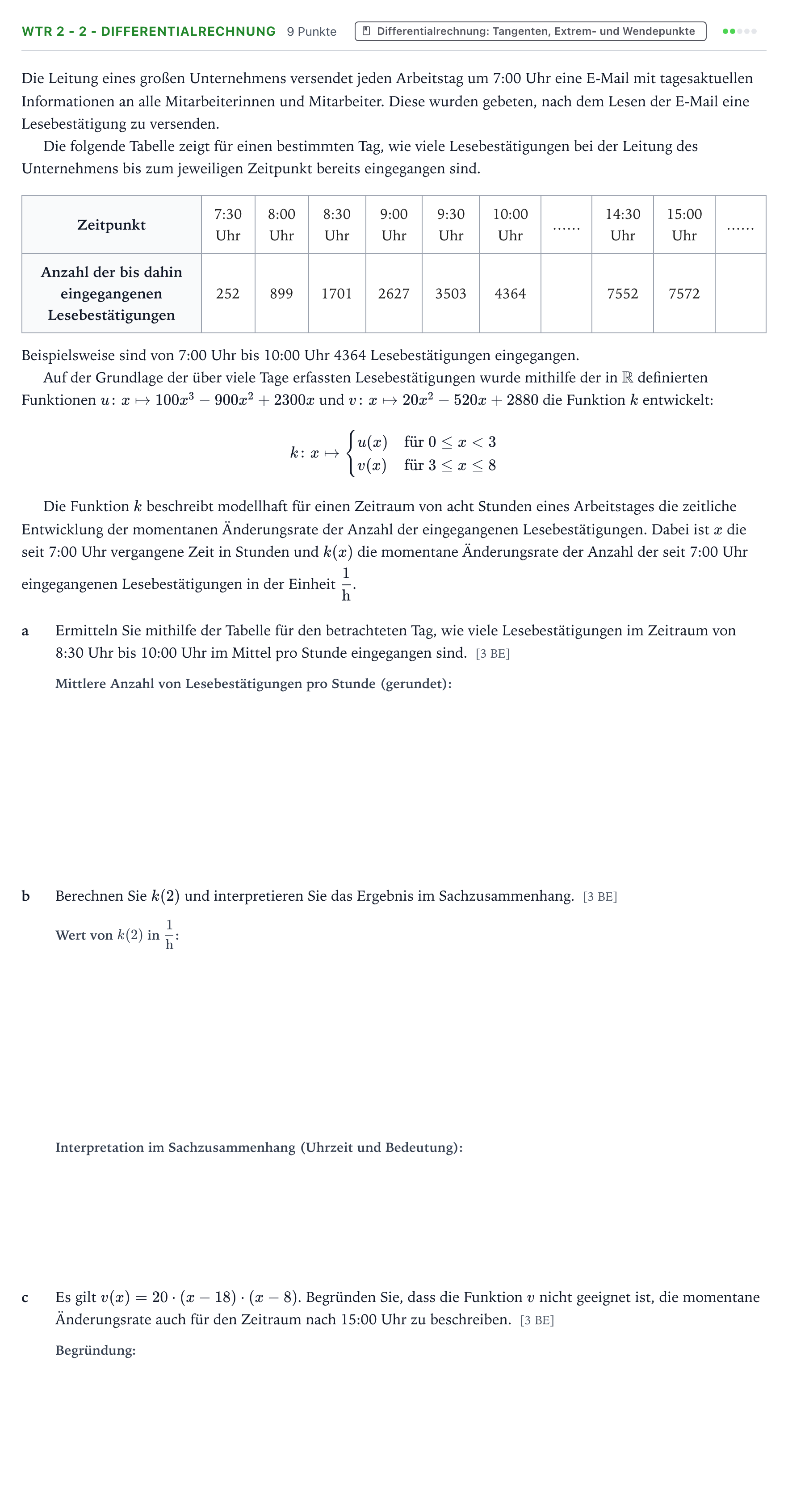 Aufgabenstellung: Aufgabe WTR 2 - 2 - Differentialrechnung · Abitur NRW Mathematik LK · Teil B · Analysis (WTR) 2024