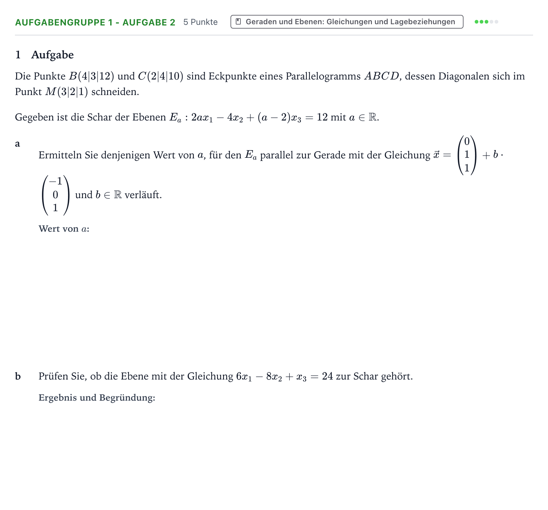 Aufgabenstellung: Aufgabengruppe 1 - Aufgabe 2 · Abitur NRW Mathematik LK · Teil A · Analytische Geometrie 2024