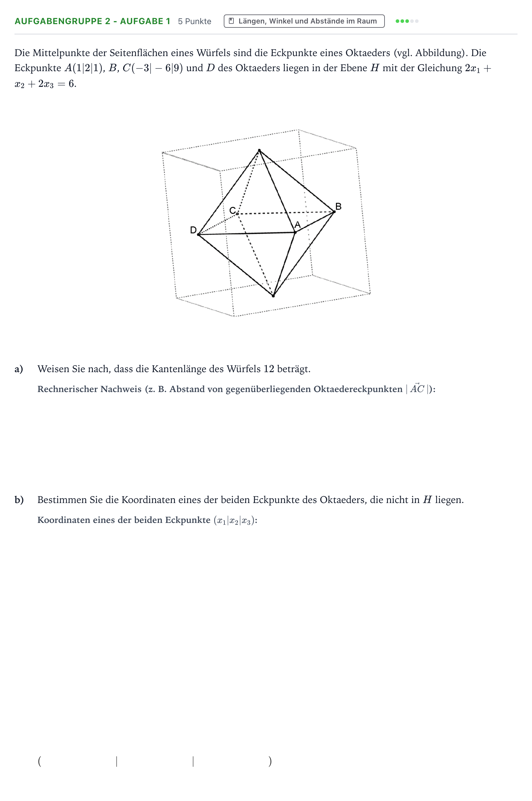 Aufgabenstellung: Aufgabengruppe 2 - Aufgabe 1 · Abitur NRW Mathematik LK · Teil A · Analytische Geometrie 2024