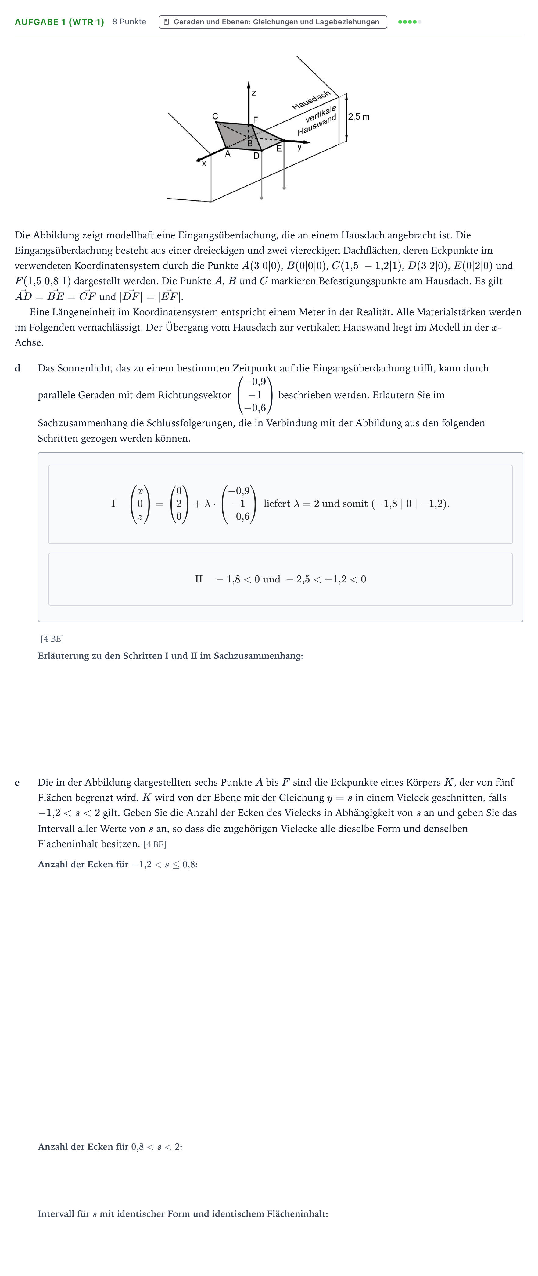 Aufgabenstellung: Aufgabe 1 (WTR 1) - Geraden und Ebenen: Gleichung… · Abitur NRW Mathematik GK · Teil B · Analytische Geometrie (WTR 2024