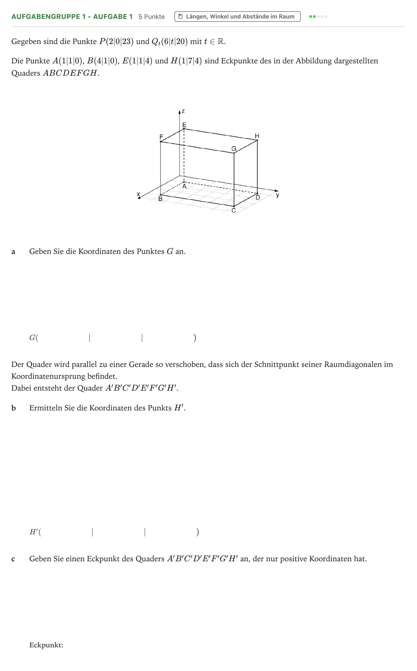 Aufgabenstellung: Aufgabengruppe 1 - Aufgabe 1 · Abitur NRW Mathematik GK · Teil A · Analytische Geometrie 2024
